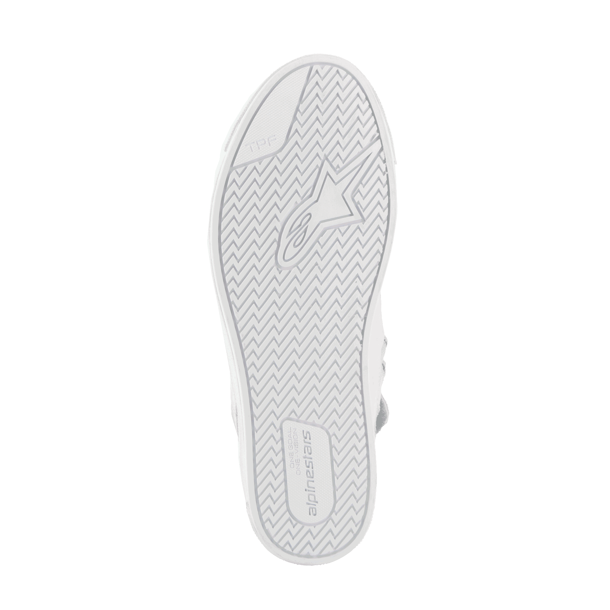 Alpinestars Stated Shoes, Urban Motorcycle Shoes, White Cool Gray, bottom view of the vulcanized rubber sole, featuring a herringbone traction pattern with Alpinestars branding and TPF (Transversal Protection Frame) logo for grip and safety