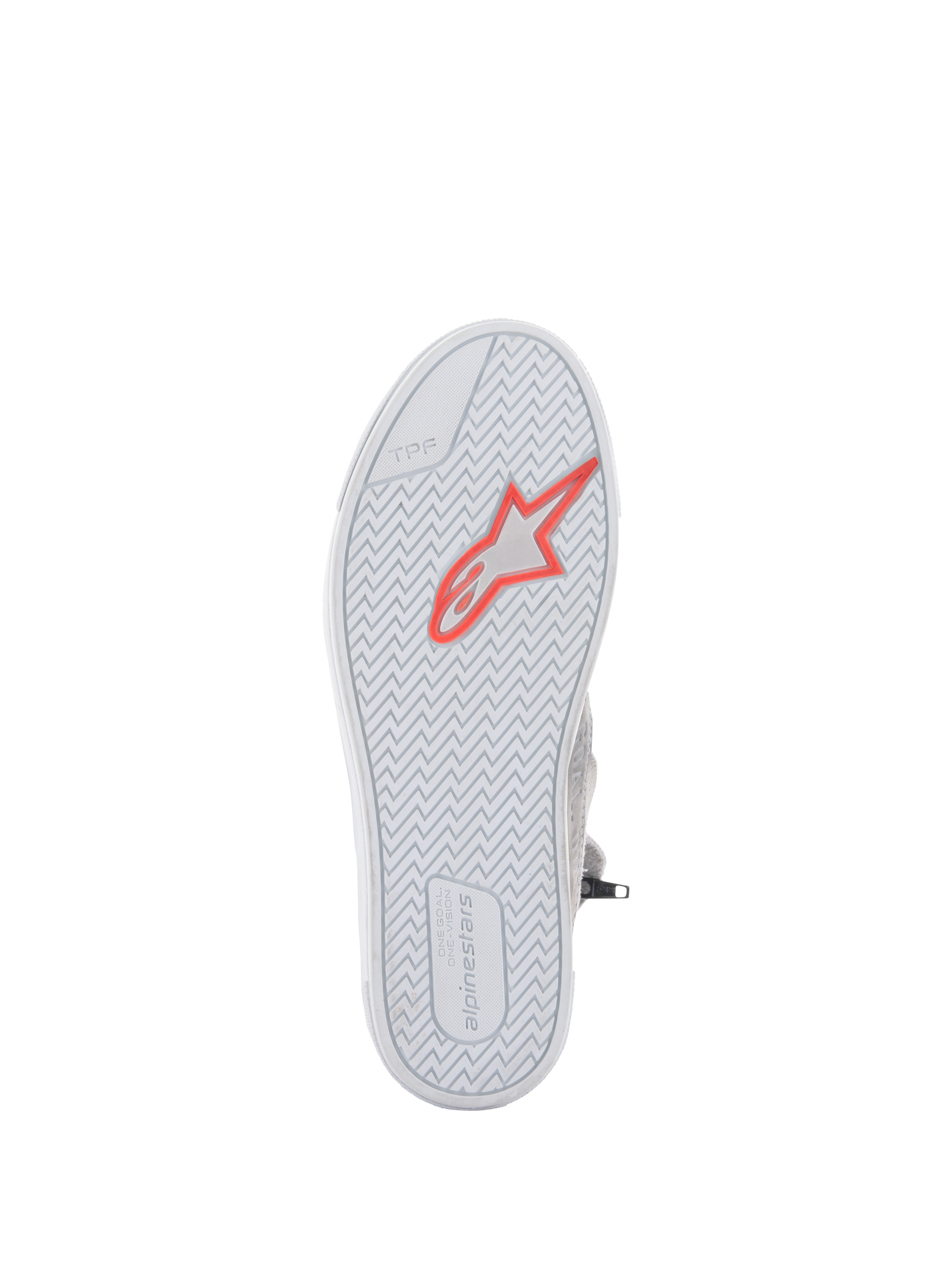 Alpinestars Stated Shoes, Urban Motorcycle Riding Shoes, Light Gray and White, underside view of the vulcanized rubber sole featuring a red fluo star logo, herringbone tread pattern for grip, TPF marking and Alpinestars branding on the heel