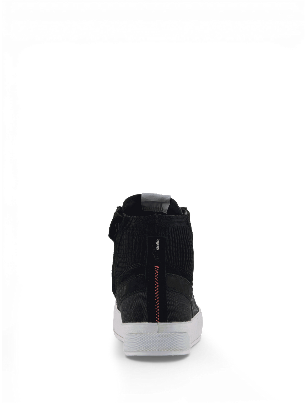 Alpinestars Stella Stated Podium skor, urbana motorcykelsneakers för dam, svarta och vita med röd sicksacksöm på hälen, vit vulkaniserad sula.