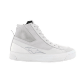 The Stella Stated Podium Shoes by Alpinestars EU are white high-top sneakers crafted for an urban riding environment. They feature lace-up fronts, textured sides, and slightly raised rubber soles. Designed for a women’s fit, these shoes have a subtle logo on the outer surface and appear brand new against a plain black background.