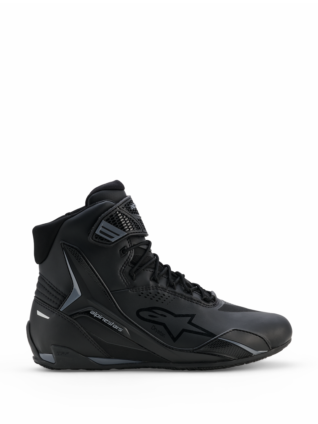 Alpinestars Faster-4 Drystar® skor, svarta och Cool Gray motorcykelskor, high-top-design med snörning och kardborrerem vid ankeln, med Drystar vattentät märkning och Alpinestars stjärnlogotyp, slimmad sportig profil för landsvägskörning