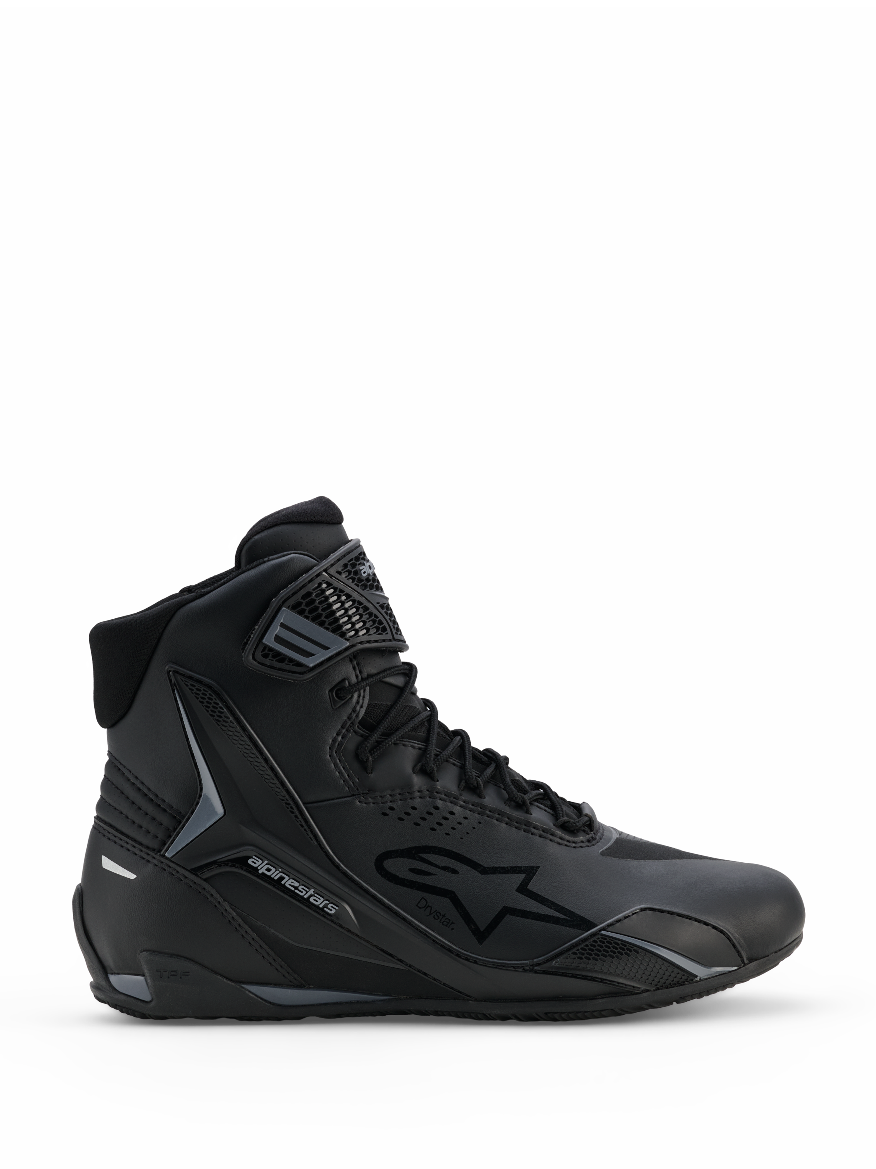 Alpinestars Faster-4 Drystar® skor, svarta och Cool Gray motorcykelskor, high-top-design med snörning och kardborrerem vid ankeln, med Drystar vattentät märkning och Alpinestars stjärnlogotyp, slimmad sportig profil för landsvägskörning