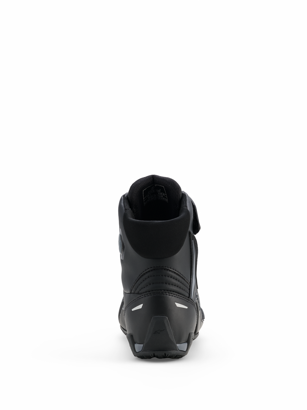 Alpinestars Faster-4 Drystar® skor, motorcykelskor, Black Cool Gray, vy bakifrån som visar förstärkt häl, vadderad krage och reflekterande detaljer, vattentät mikrofiberkonstruktion för sportkörning