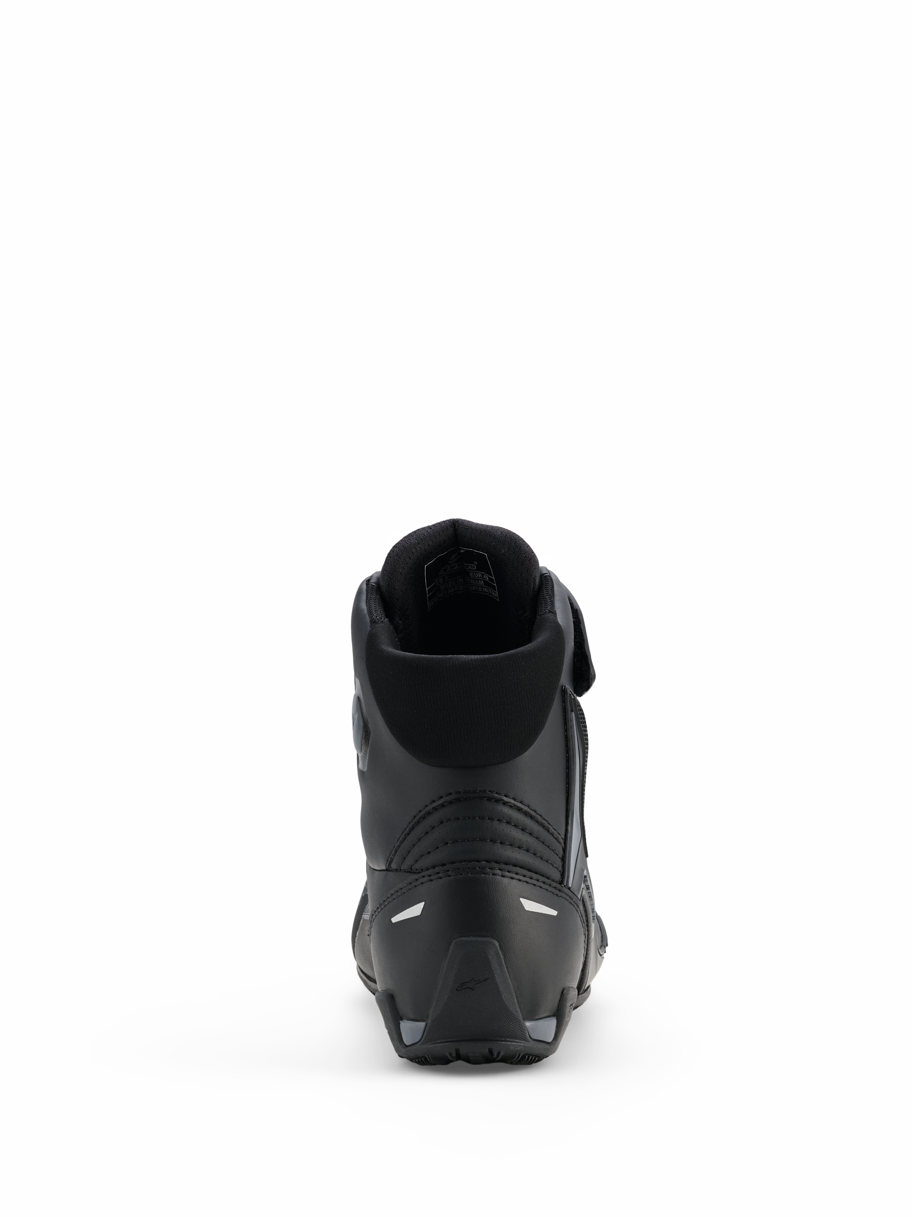 Alpinestars Faster-4 Drystar® skor, motorcykelskor, Black Cool Gray, vy bakifrån som visar förstärkt häl, vadderad krage och reflekterande detaljer, vattentät mikrofiberkonstruktion för sportkörning