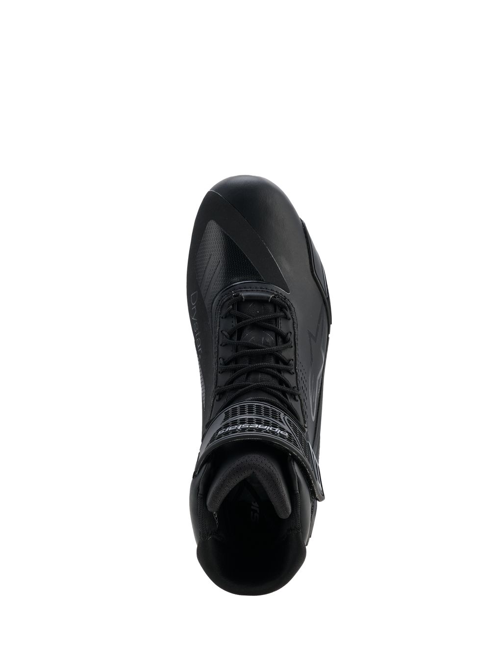 Alpinestars Faster-4 Drystar® skor, Black Cool Gray, vy uppifrån av motorcykelsko, med snörning och kardborreband vid ankeln, sömlös mikrofiberkonstruktion med Drystar®-märkning, slimmad atletisk profil för skyddande vägkörning.