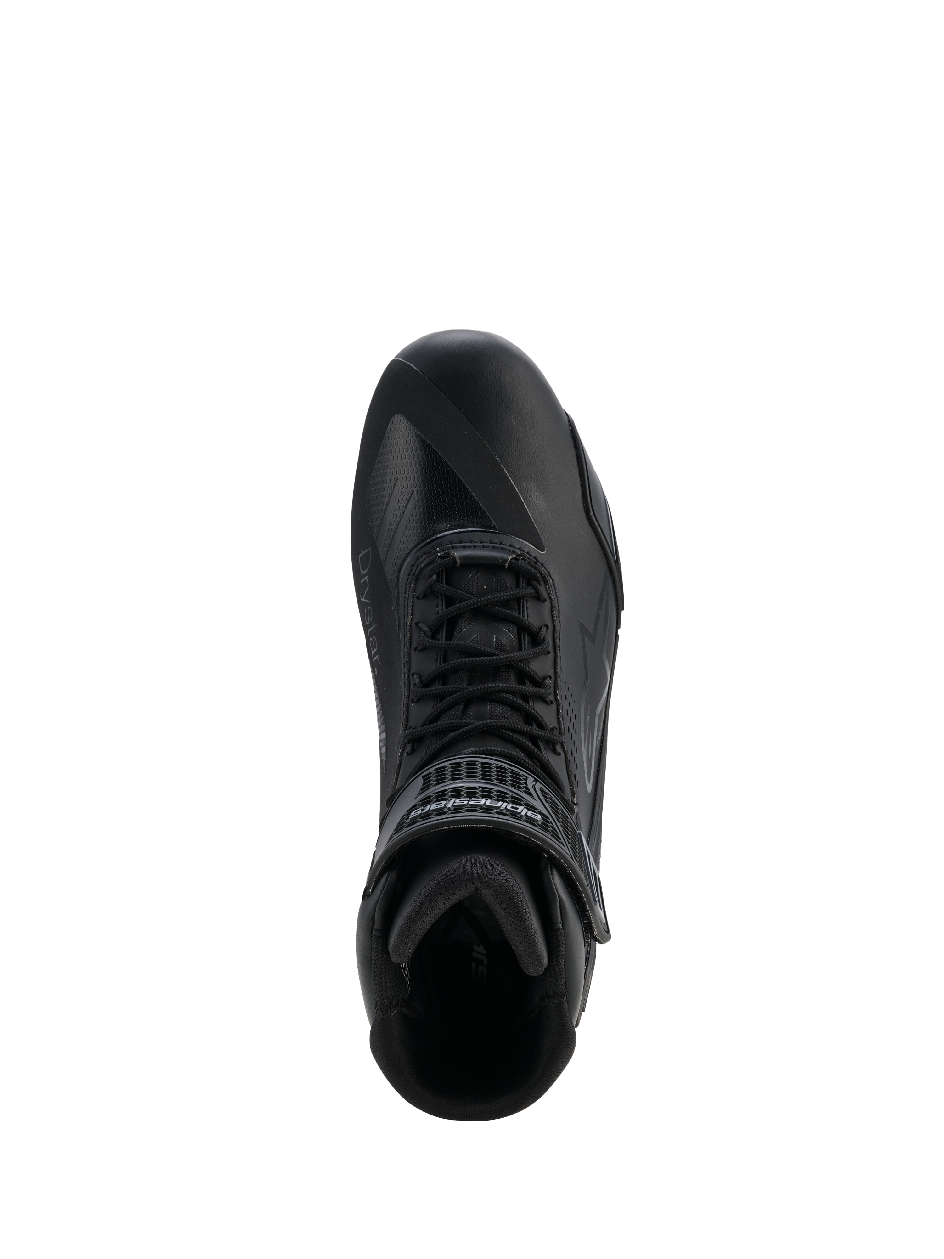 Alpinestars Faster-4 Drystar® skor, Black Cool Gray, vy uppifrån av motorcykelsko, med snörning och kardborreband vid ankeln, sömlös mikrofiberkonstruktion med Drystar®-märkning, slimmad atletisk profil för skyddande vägkörning.