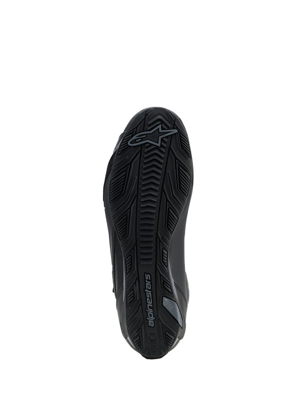 Alpinestars Faster-4 Drystar®-skor, Black Cool Gray, vy underifrån som visar den texturerade gummisulan med greppmönster och Alpinestars-logotyp, förstärkt design för stabilitet och grepp.