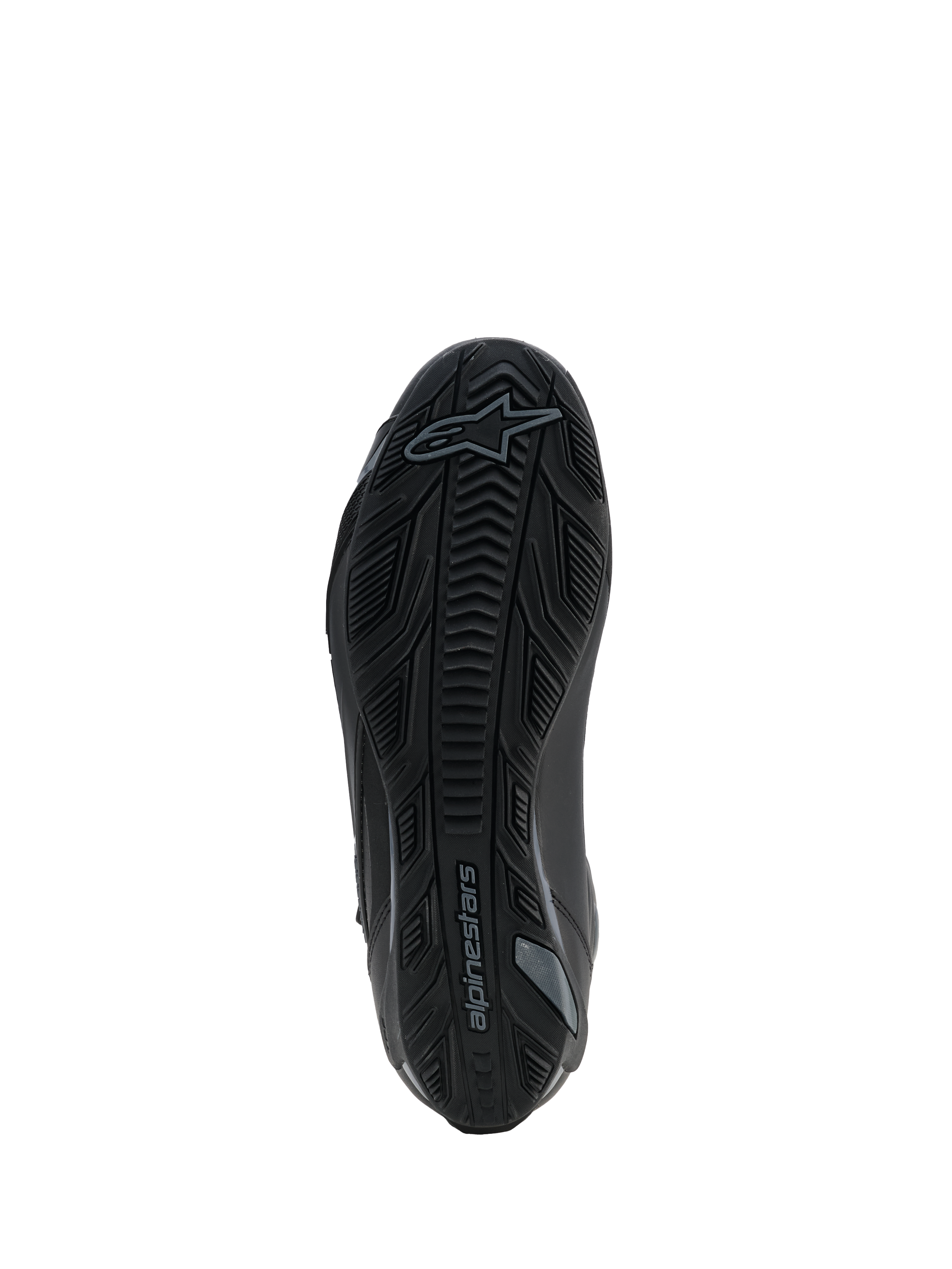 Alpinestars Faster-4 Drystar®-skor, Black Cool Gray, vy underifrån som visar den texturerade gummisulan med greppmönster och Alpinestars-logotyp, förstärkt design för stabilitet och grepp.