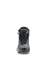 Alpinestars Faster-4 Drystar® skor, motorcykelskor, svarta, cool gray och vita, frontvy med snörning och kardborreband vid ankeln, sportig låg profil för vägkörning