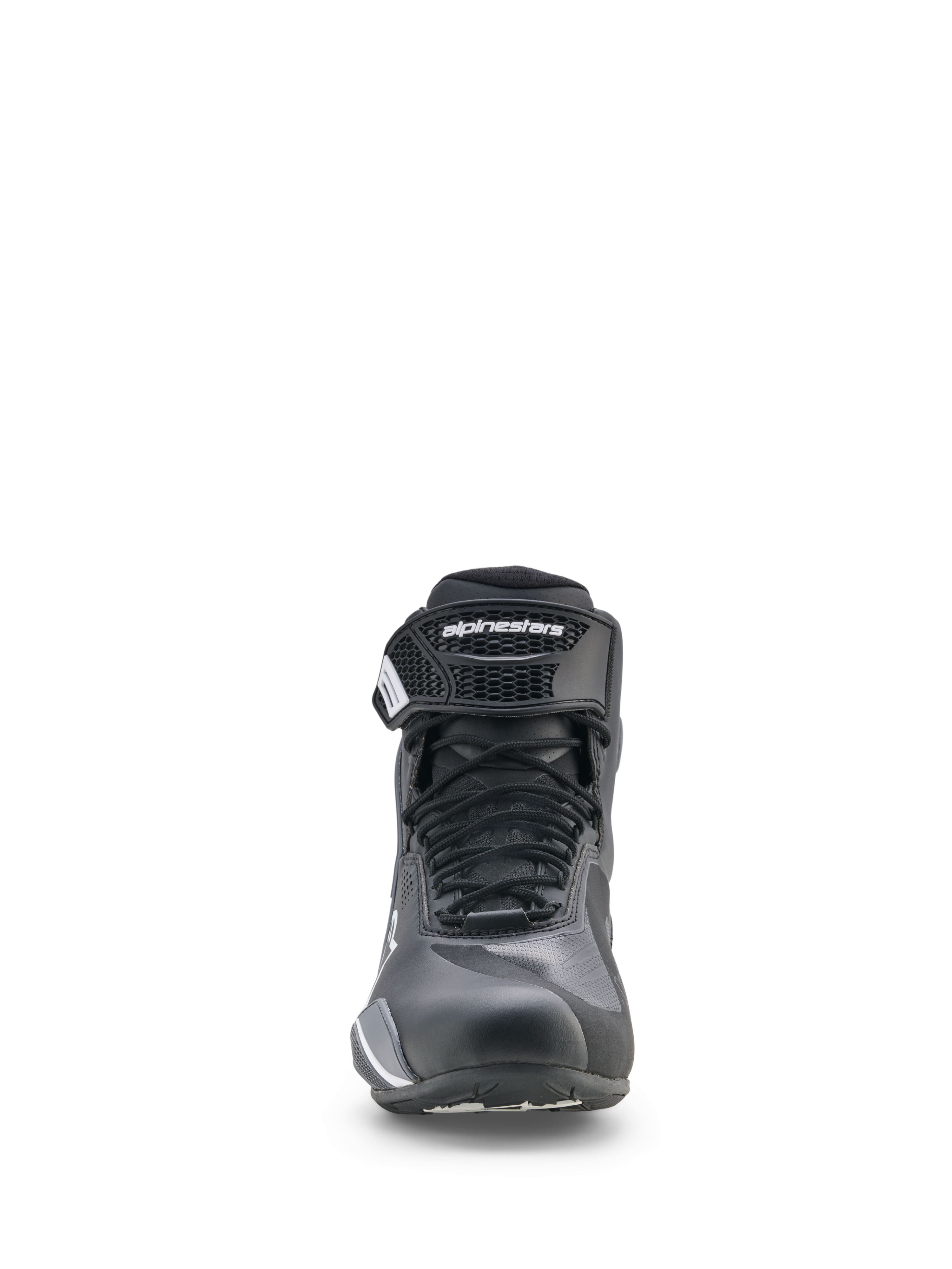 Alpinestars Faster-4 Drystar® skor, motorcykelskor, svarta, cool gray och vita, frontvy med snörning och kardborreband vid ankeln, sportig låg profil för vägkörning