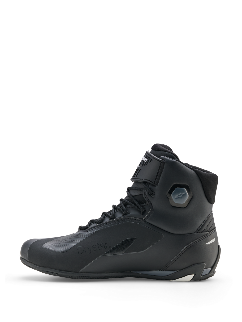 Alpinestars Faster-4 Drystar® skor, motorcykelskor, svart cool grå vit, sidoprofil som visar vattentät konstruktion, snörning med kardborreband och integrerat ankelskydd.