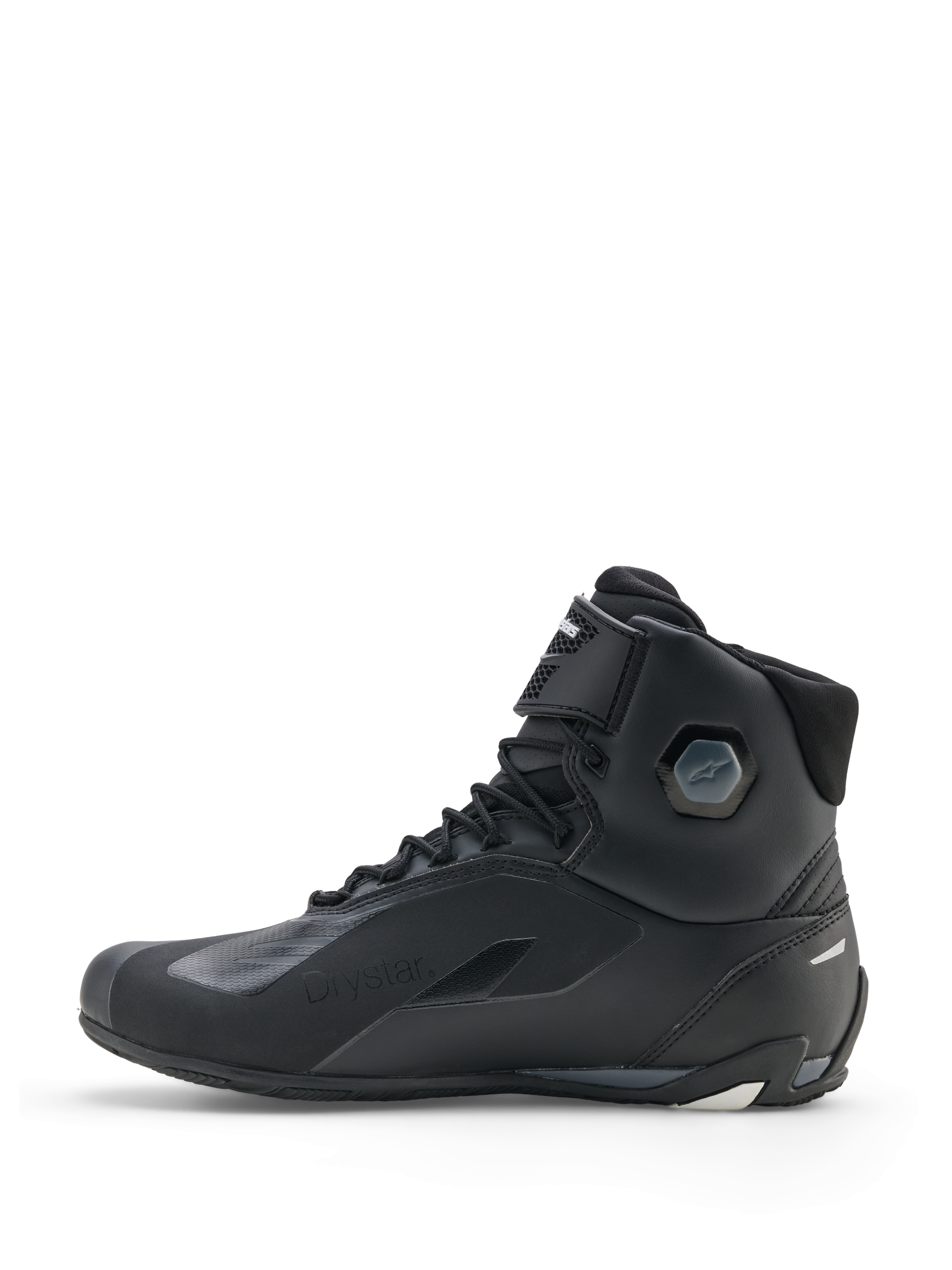 Alpinestars Faster-4 Drystar® skor, motorcykelskor, svart cool grå vit, sidoprofil som visar vattentät konstruktion, snörning med kardborreband och integrerat ankelskydd.