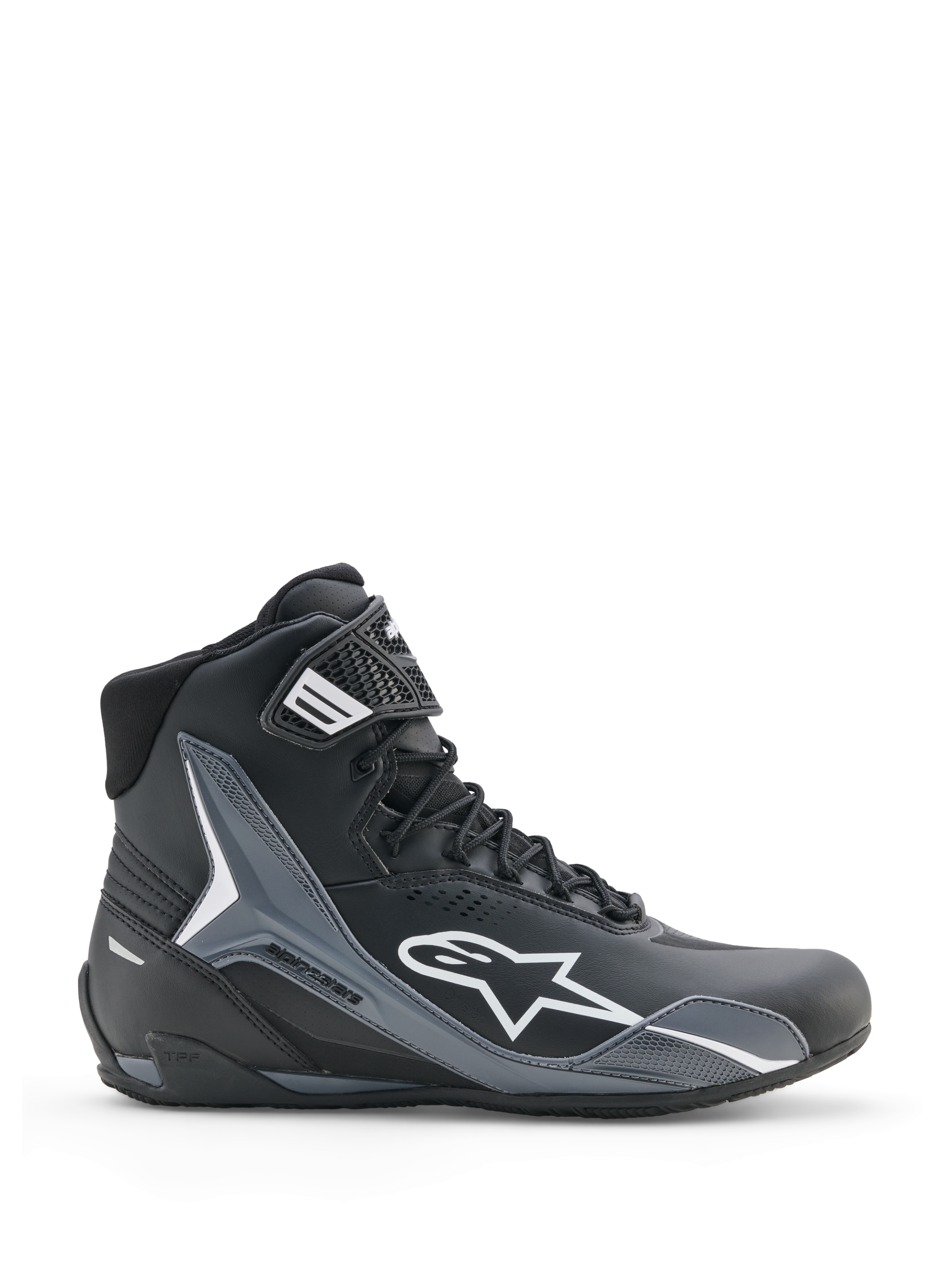 Alpinestars Faster-4 Drystar-skor, motorcykelskor, svarta med grå och vita detaljer, sidoprofilvy som visar vit Astars-logotyp, hög design med förstärkta skyddspaneler, snörning med ankelrem, modern sportig stil