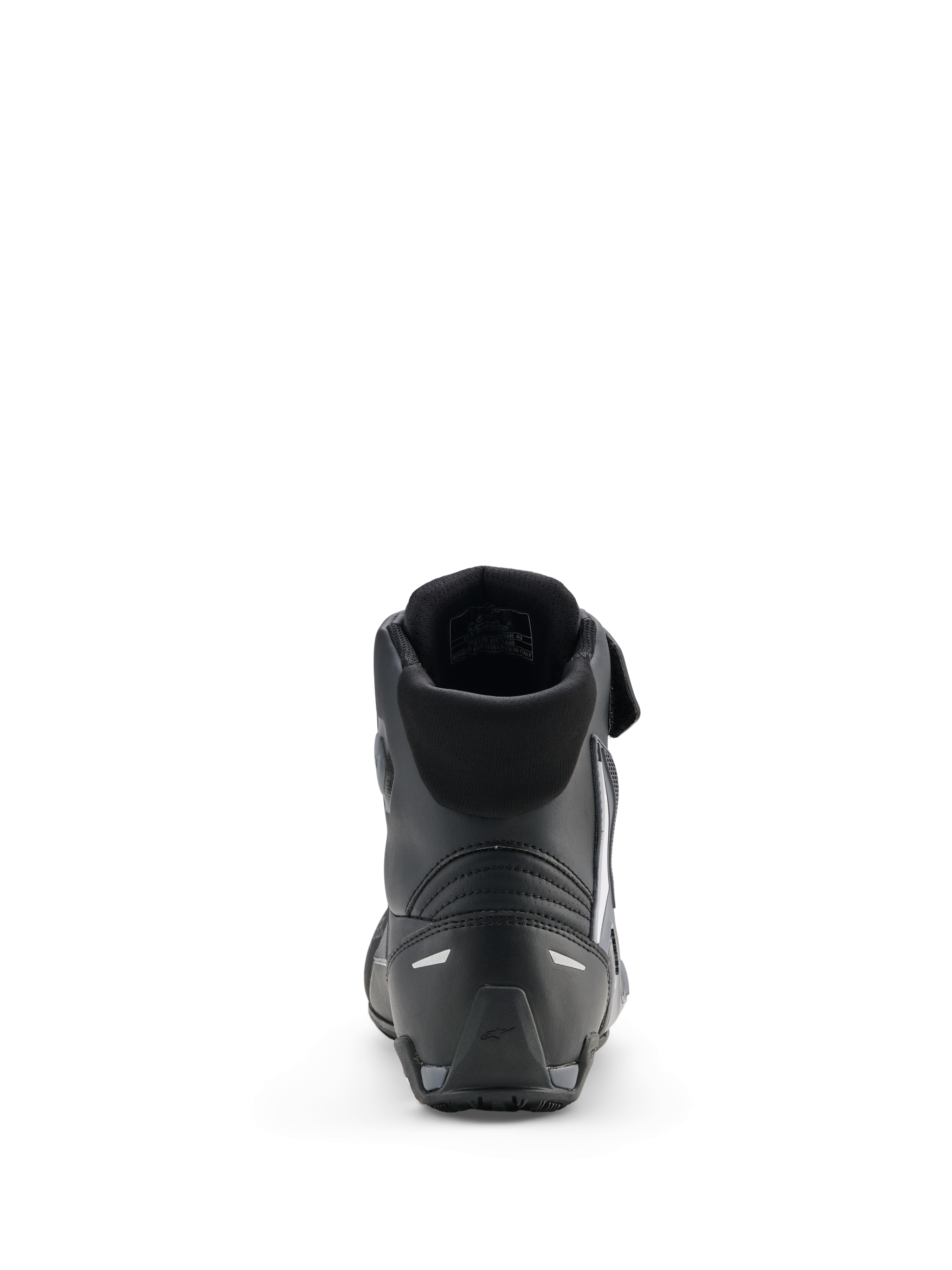 Alpinestars Faster-4 Drystar® skor, motorcykelskor, Black Cool Gray White, baksida som visar vadderad krage, förstärkt häl med reflekterande detaljer och texturerad gummisula för sportprestanda.