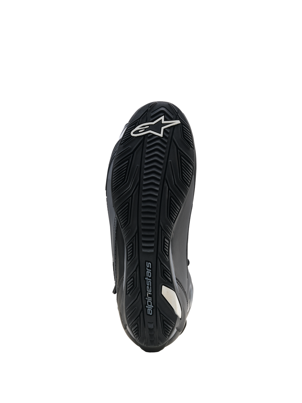 Alpinestars Faster-4 Drystar-skor, motorcykelskor, svarta, vy av sulan som visar förstärkt yttersula i gummi med texturerat grepp, vit stjärnlogotyp vid tån och Alpinestars-logotyp, designad för stabilitet och grepp på fotpinnarna.