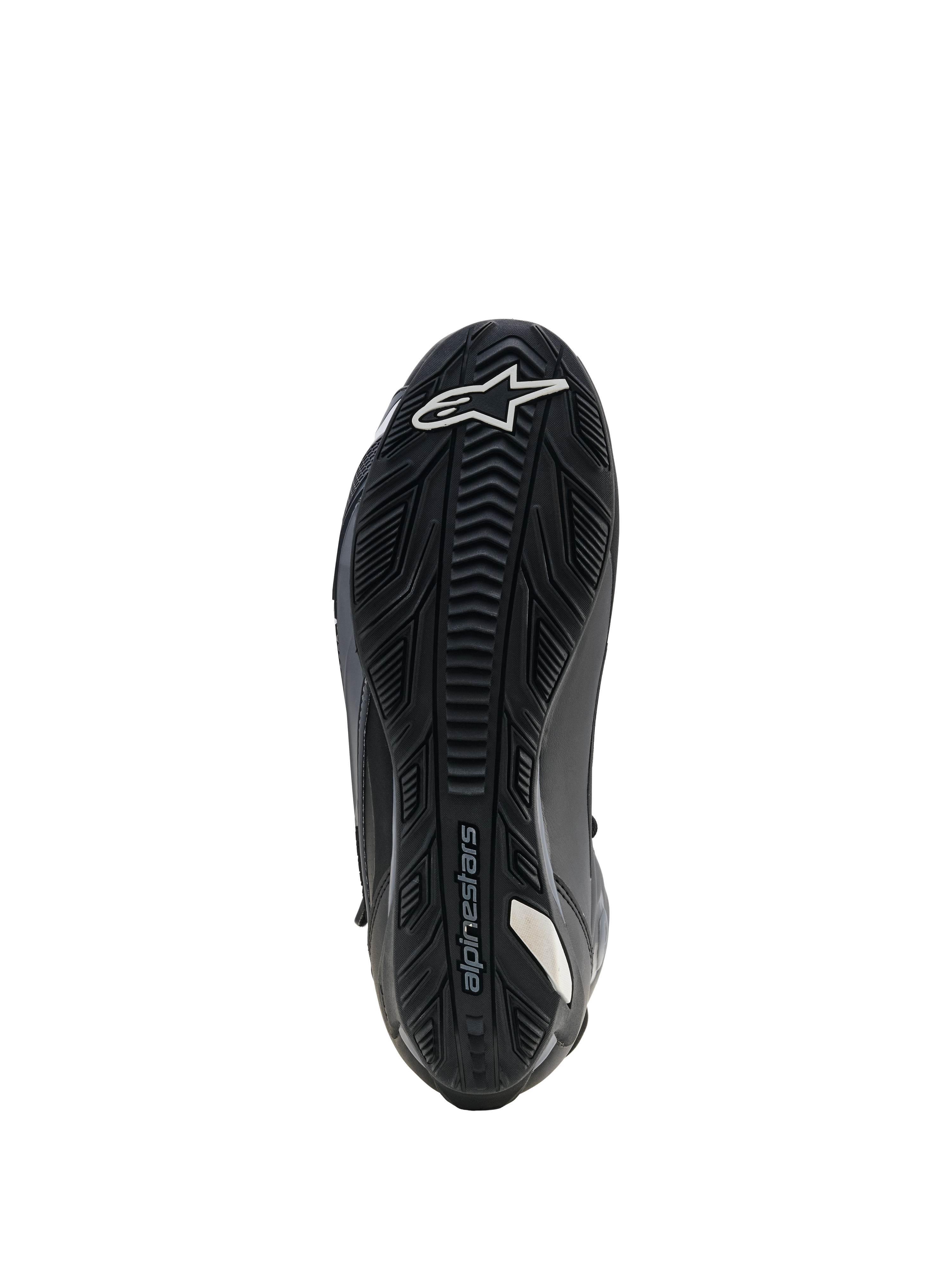 Alpinestars Faster-4 Drystar-skor, motorcykelskor, svarta, vy av sulan som visar förstärkt yttersula i gummi med texturerat grepp, vit stjärnlogotyp vid tån och Alpinestars-logotyp, designad för stabilitet och grepp på fotpinnarna.