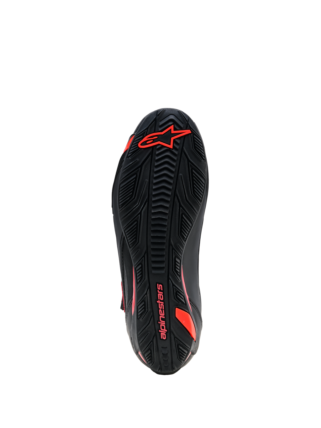 Alpinestars Faster-4 Drystar® Shoes, Outsole View, Black with Red Fluo branding, textured rubber grip sole with Alpinestars logo and wordmark, durable motorcycle riding footwear
