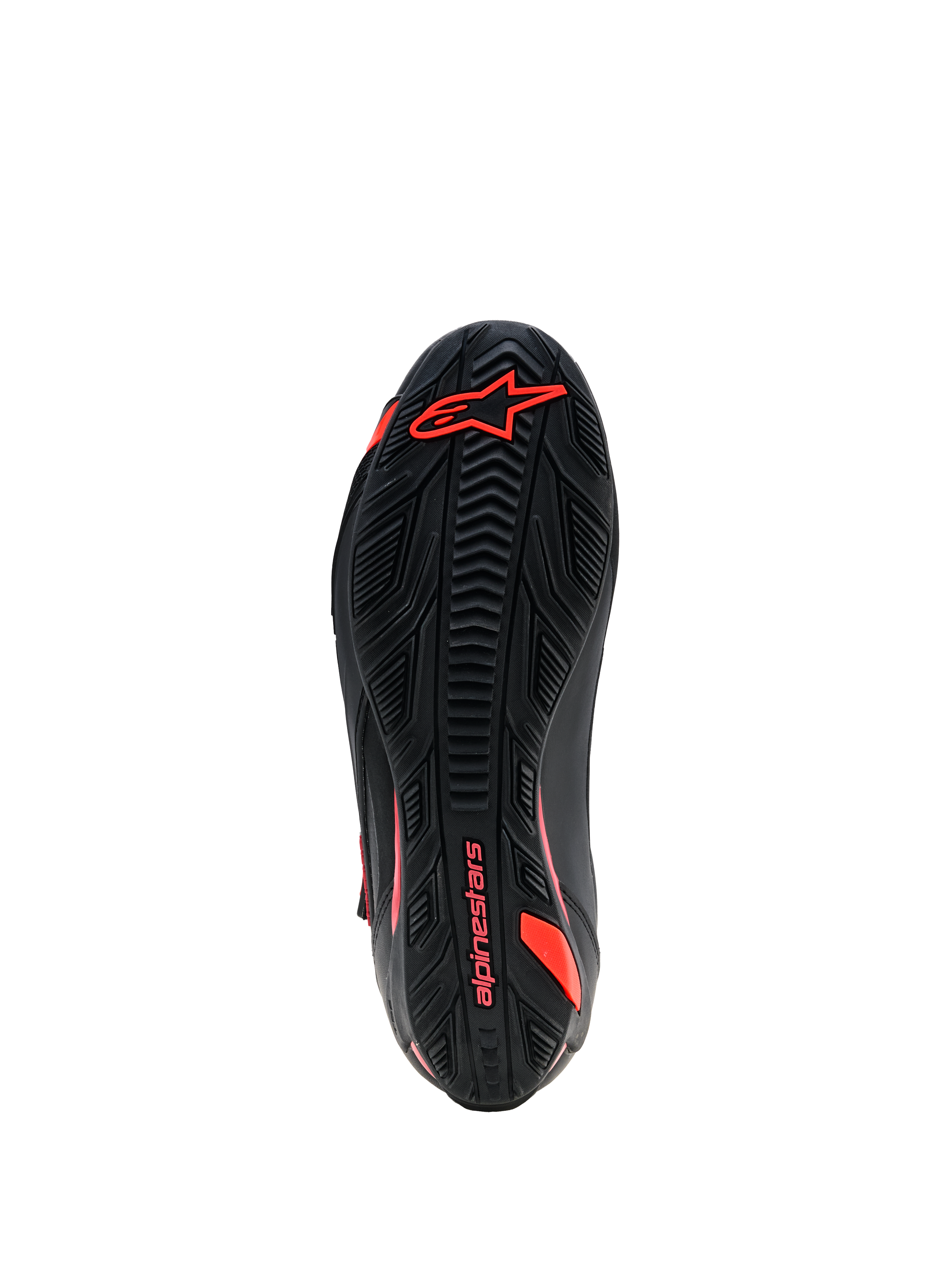 Alpinestars Faster-4 Drystar® Shoes, Outsole View, Black with Red Fluo branding, textured rubber grip sole with Alpinestars logo and wordmark, durable motorcycle riding footwear