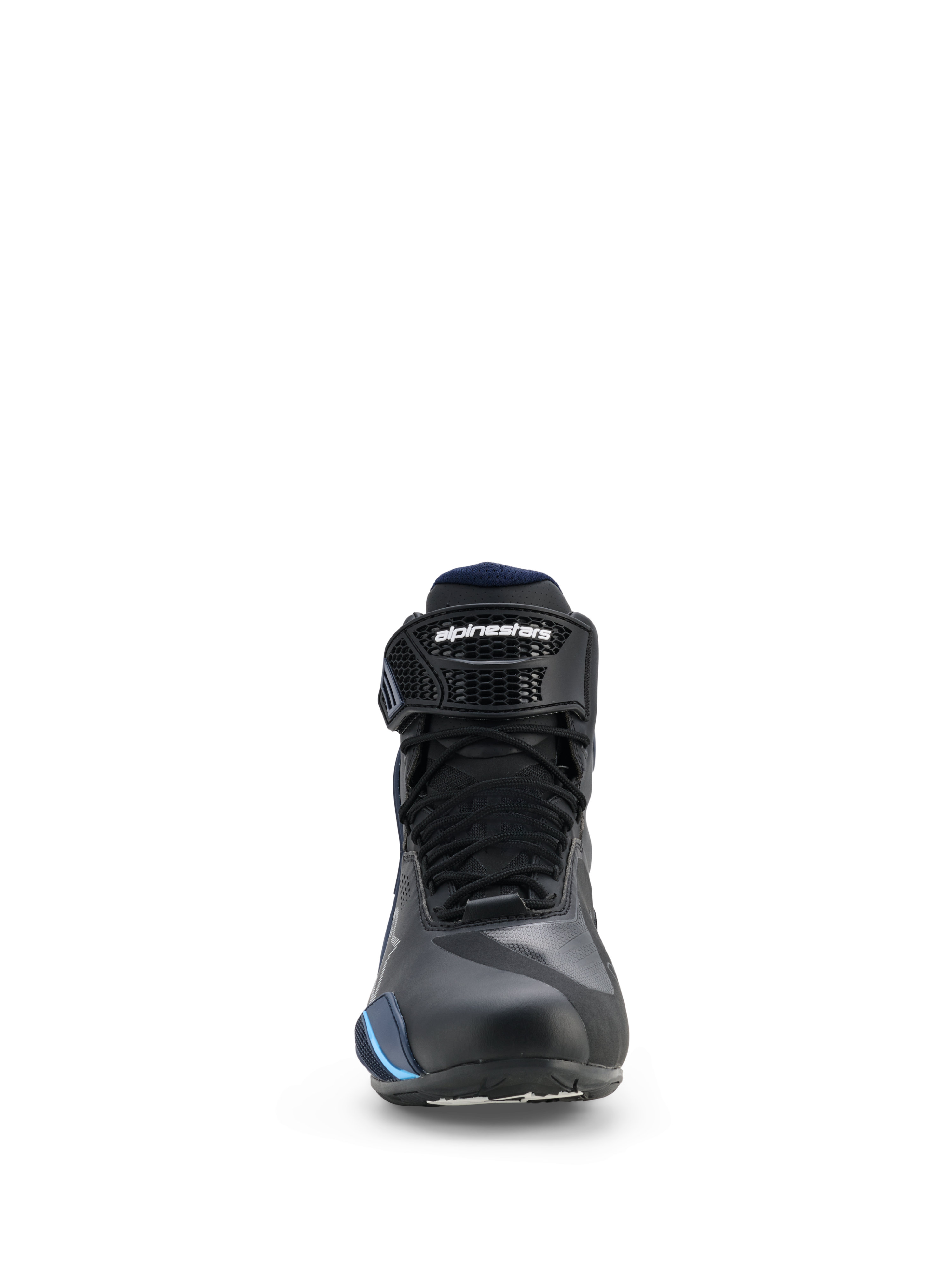 Alpinestars Faster-4 Drystar® Shoes, waterproof motorcycle riding shoes, Black Night Navy Cyan, front view showing laces and adjustable ankle strap with Alpinestars branding, streamlined sports riding design