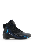 Alpinestars Faster-4 Drystar Shoes, Motorcycle Riding Shoes, Black Night Navy Cyan, lateral view showing high-top sneaker design, cyan TPU support panels, white dashed Alpinestars logo, and lace closure with a textured ankle strap.