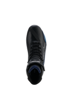Alpinestars Faster-4 Drystar® Shoes, Top-down view of black motorcycle shoe, featuring Black Night Navy Cyan accents, lace closure with hook and loop strap, waterproof microfiber construction, sport road riding footwear