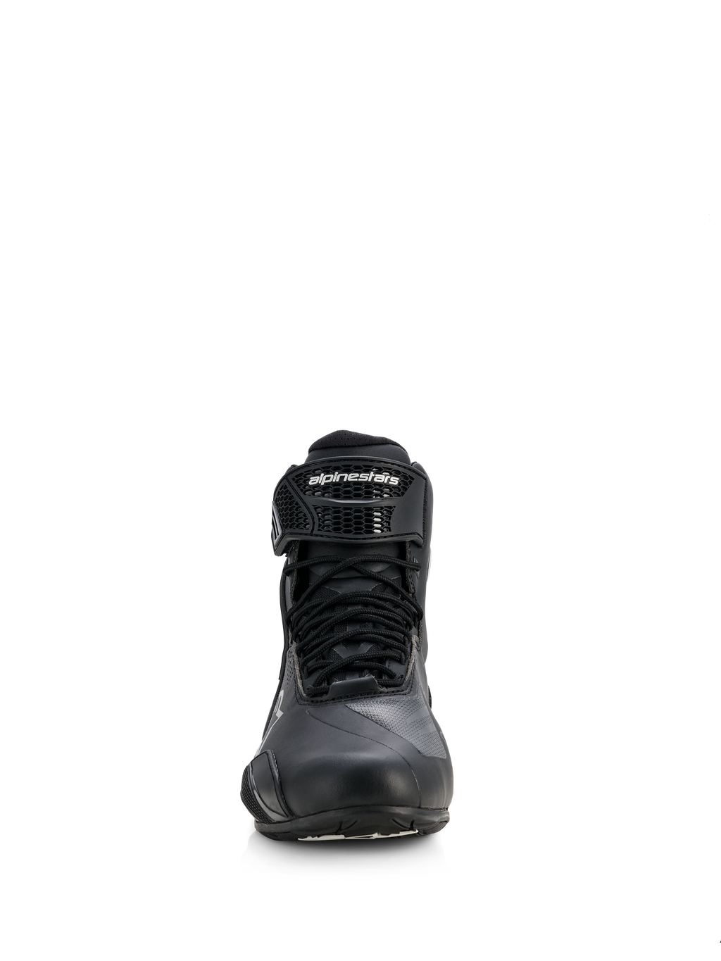 Alpinestars Stella Faster-4 Drystar® skor för dam, motorcykelskor, svarta med silverdetaljer, vy framifrån som visar snörning och märkt kardborreband vid ankeln, stilren vattentät design för sport- och landsvägskörning