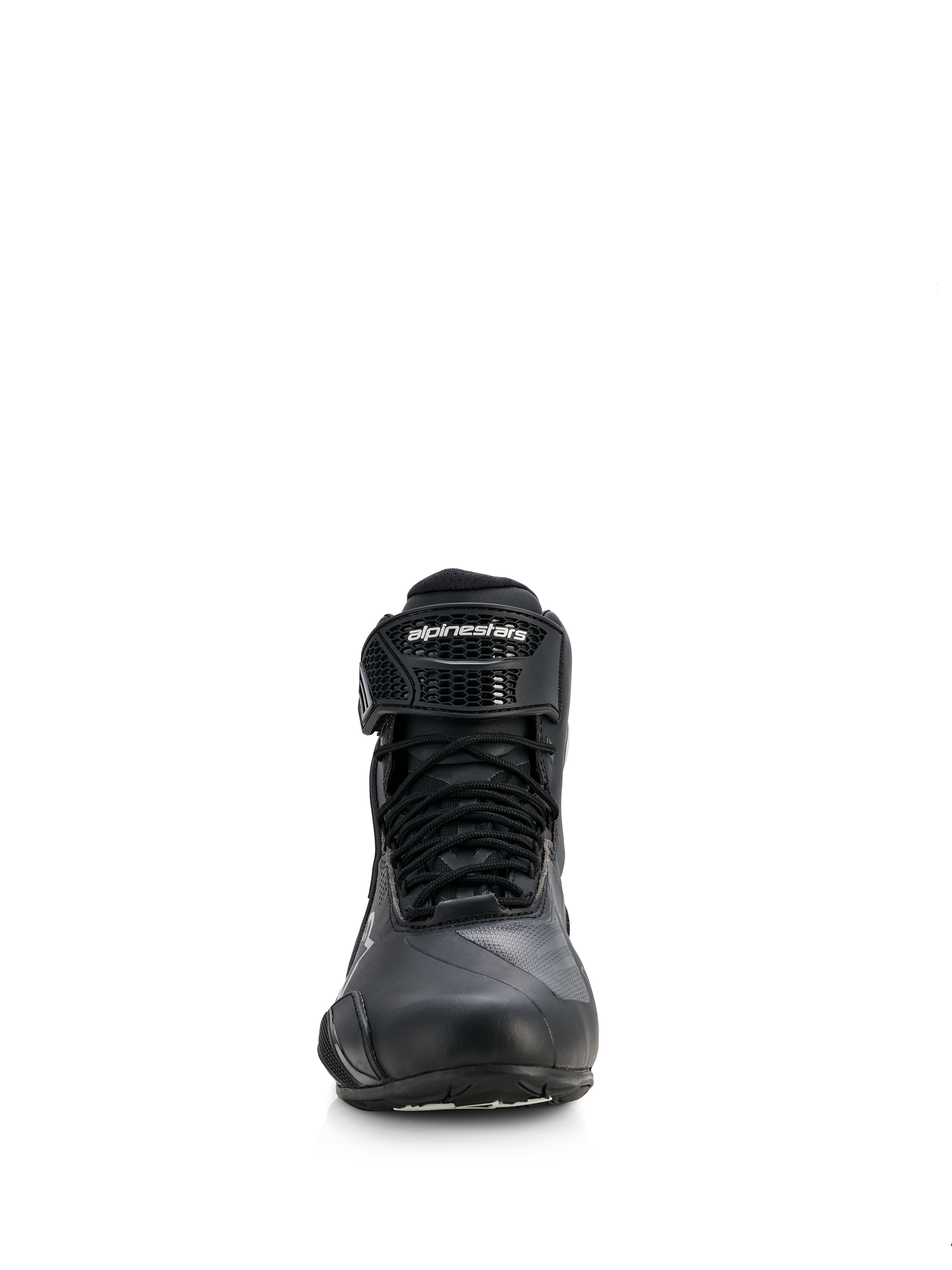 Alpinestars Stella Faster-4 Drystar® skor för dam, motorcykelskor, svarta med silverdetaljer, vy framifrån som visar snörning och märkt kardborreband vid ankeln, stilren vattentät design för sport- och landsvägskörning