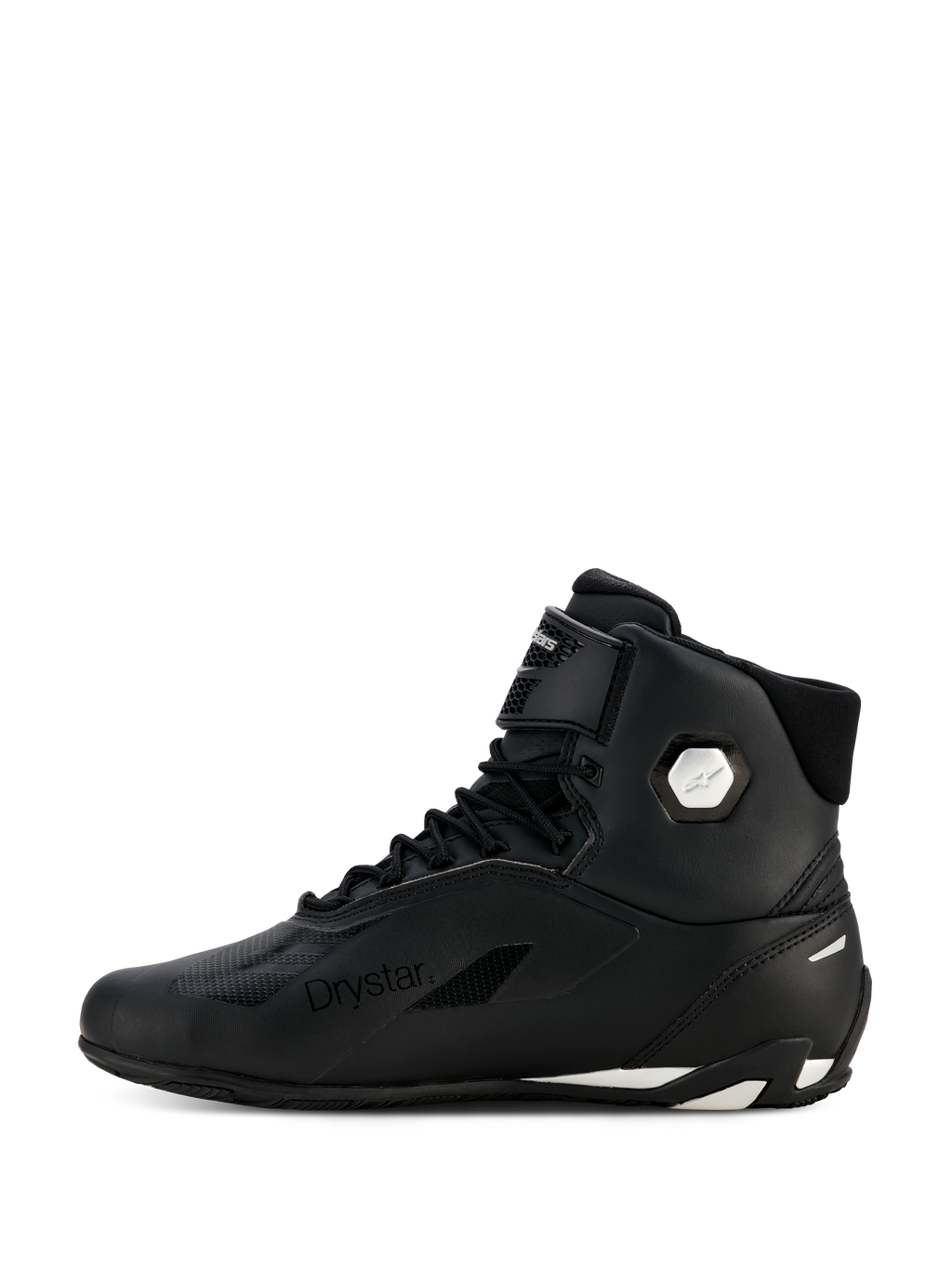 Alpinestars Stella Faster-4 Drystar®-skor för dam, svarta och silvriga, sidovy i profil, vattentäta motorcykelskor med ovandel i mikrofiber, snörning och kardborreband, med Drystar-logotyp och silvrig ankellogotyp.