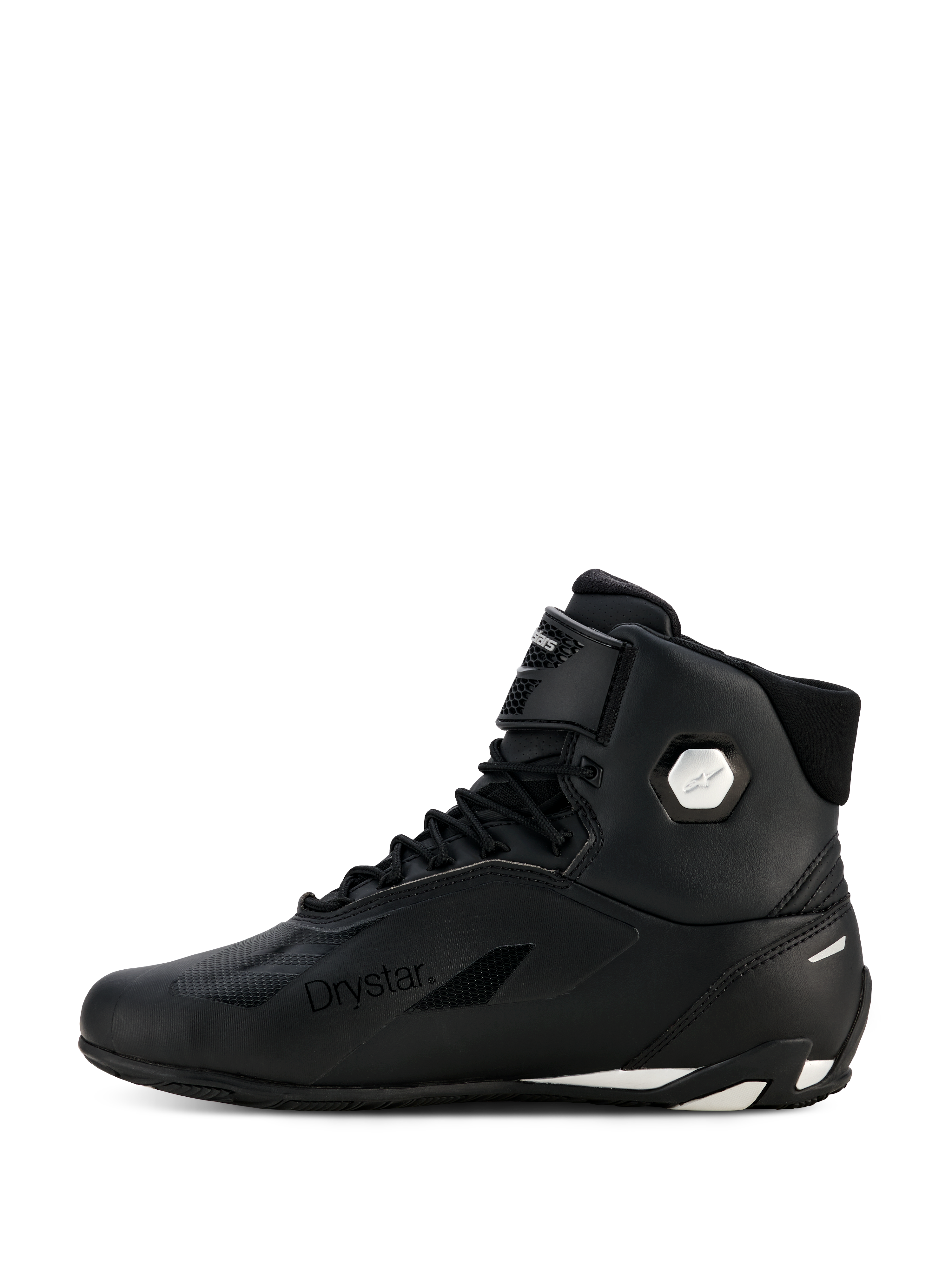 Alpinestars Stella Faster-4 Drystar®-skor för dam, svarta och silvriga, sidovy i profil, vattentäta motorcykelskor med ovandel i mikrofiber, snörning och kardborreband, med Drystar-logotyp och silvrig ankellogotyp.