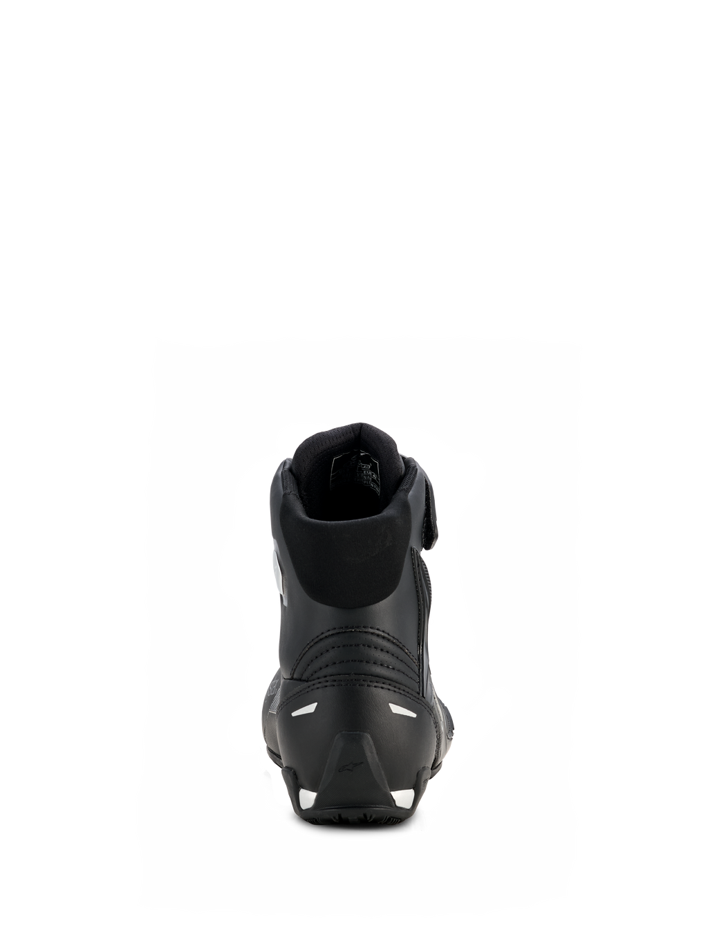 Alpinestars Stella Faster-4 Drystar® damskor, svart och silver, vy bakifrån som visar förstärkt häl med silverdetaljer, vadderad krage och vattentät mikrofiberdesign