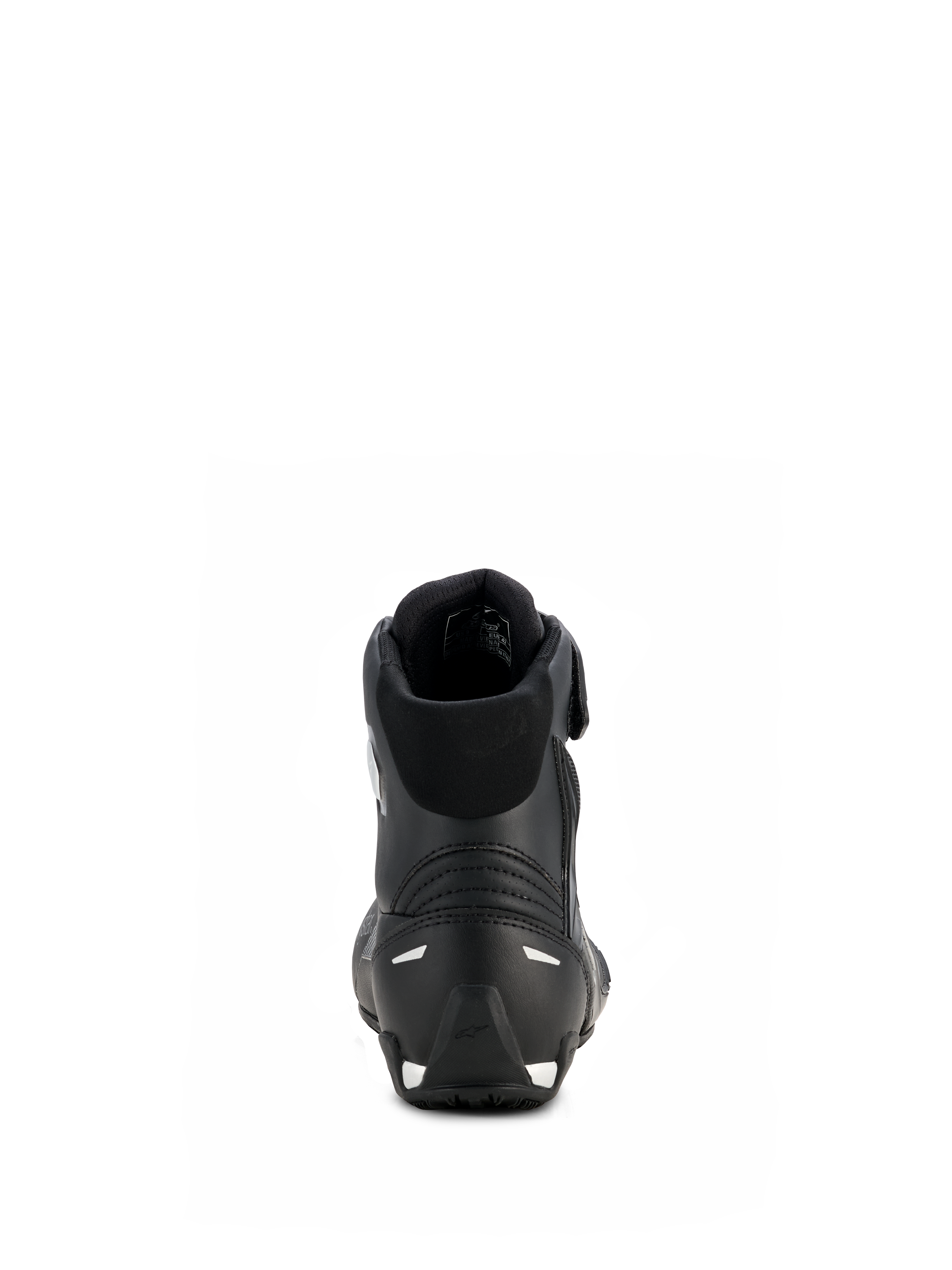 Alpinestars Stella Faster-4 Drystar® damskor, svart och silver, vy bakifrån som visar förstärkt häl med silverdetaljer, vadderad krage och vattentät mikrofiberdesign
