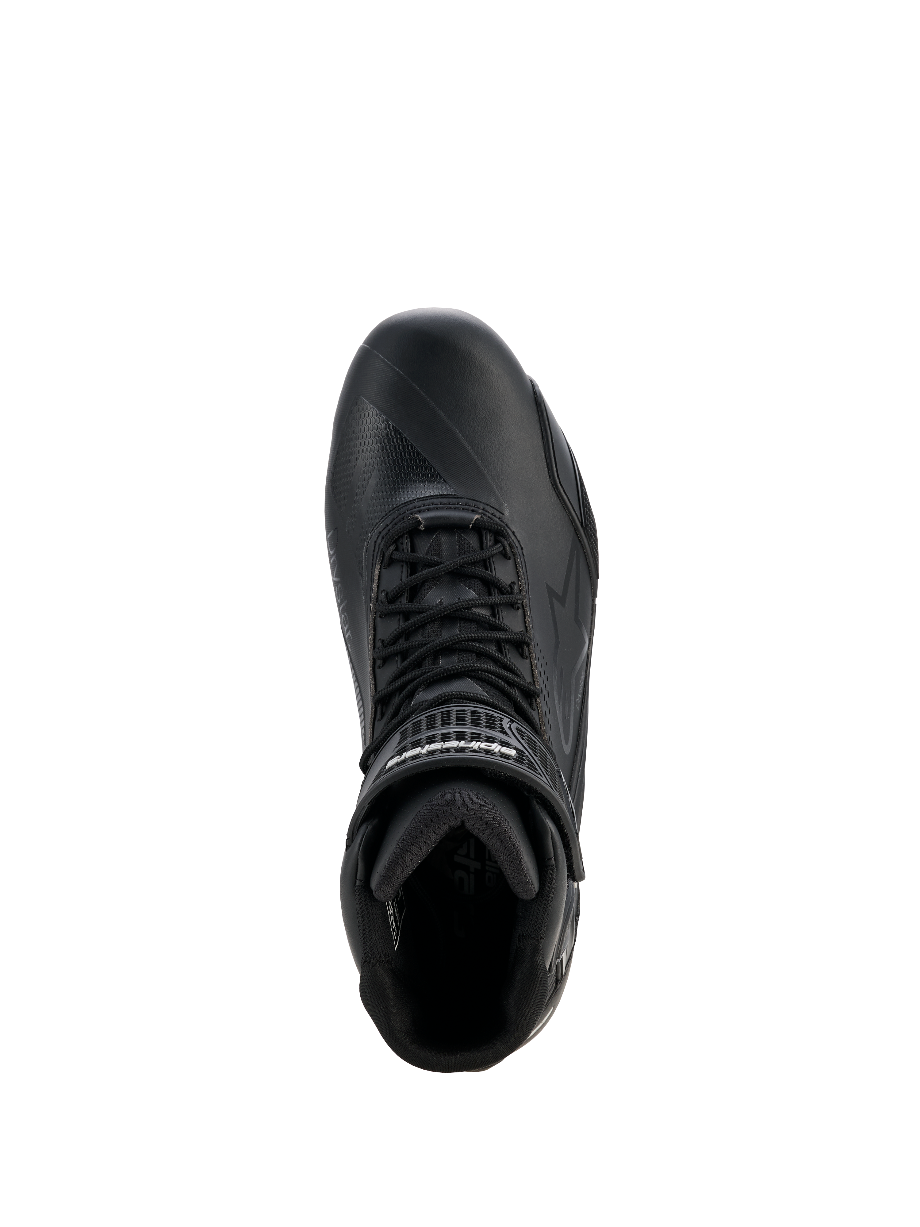 Alpinestars Stella Faster-4 Drystar® skor för dam, motorcykelskor, svart och silver, vy uppifrån som visar snörning, kardborreband vid ankeln och vattentät mikrofiberkonstruktion