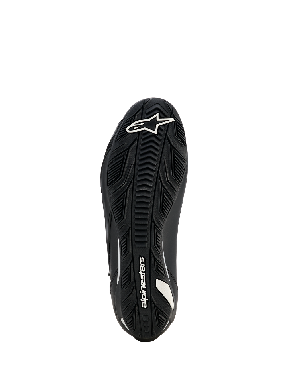 Alpinestars Stella Faster-4 Drystar-skor för dam, motorcykelskor, svarta, vy av sulan som visar en mönstrad gummiyttersula med vit Alpinestars-logotyp och varumärkesdetaljer, designad för överlägset grepp och hållbarhet.