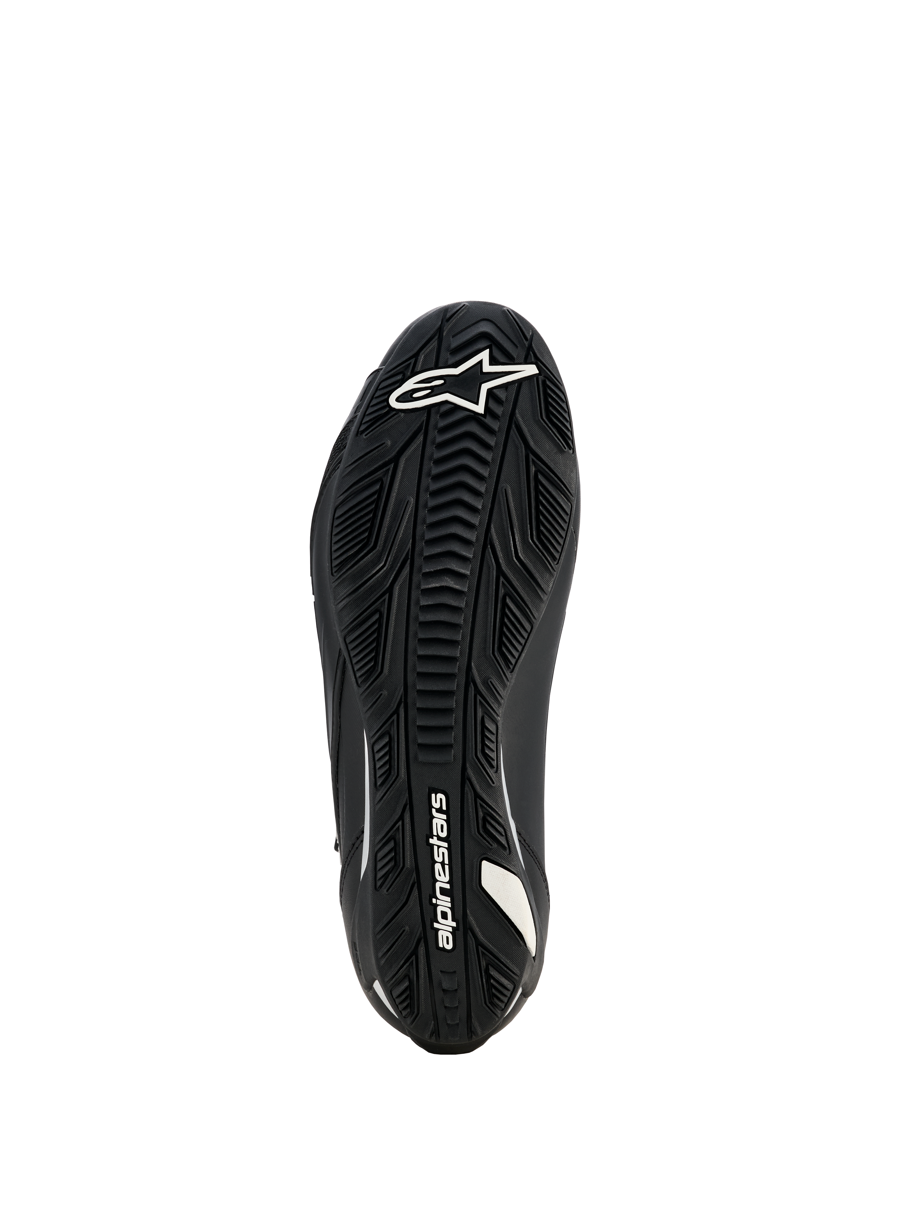 Alpinestars Stella Faster-4 Drystar-skor för dam, motorcykelskor, svarta, vy av sulan som visar en mönstrad gummiyttersula med vit Alpinestars-logotyp och varumärkesdetaljer, designad för överlägset grepp och hållbarhet.