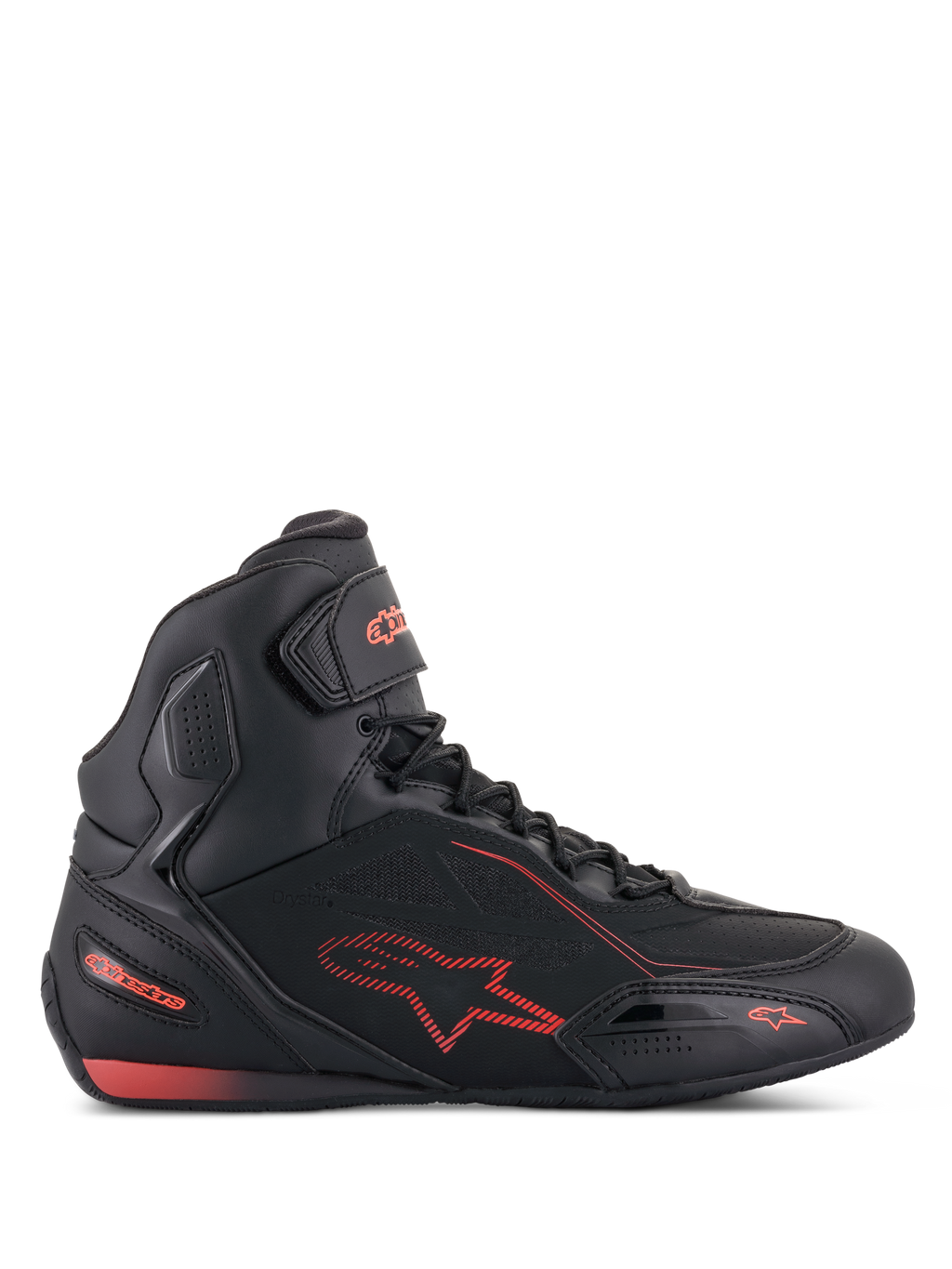 Alpinestars Faster-3 Drystar Shoes, Black and Red Fluo Motorcycle Riding Shoes, side profile view, high-top sneaker style with lightweight microfiber chassis, waterproof Drystar membrane, red star logo and branding, hook-and-loop ankle strap, and perforated details for breathability.