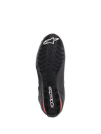 Alpinestars Faster-3 Drystar® Shoes, Motorcycle Riding Shoes, Black and Red Fluo, underside view of the sole, textured rubber outsole with wavy tread pattern, featuring white Alpinestars star and wordmark logos, waterproof performance footwear