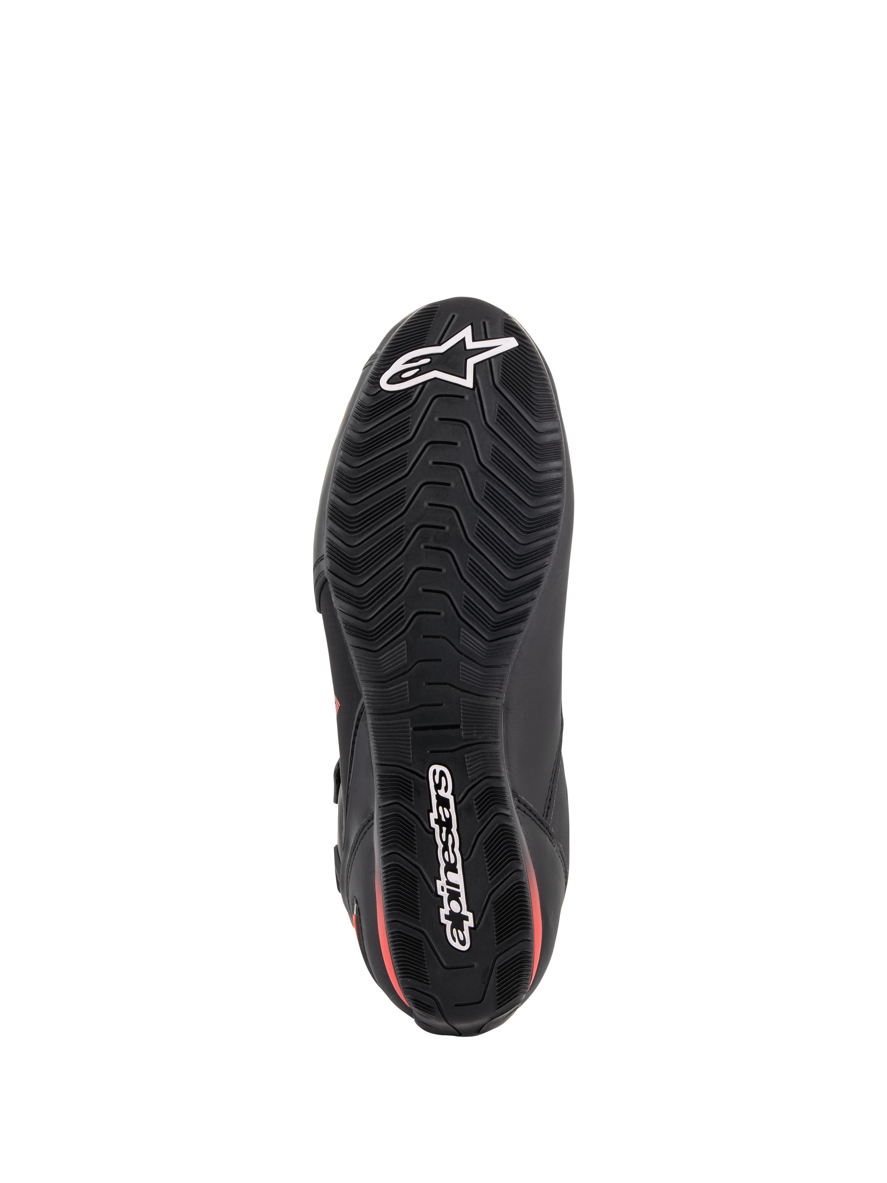 Alpinestars Faster-3 Drystar® Shoes, Motorcycle Riding Shoes, Black and Red Fluo, underside view of the sole, textured rubber outsole with wavy tread pattern, featuring white Alpinestars star and wordmark logos, waterproof performance footwear