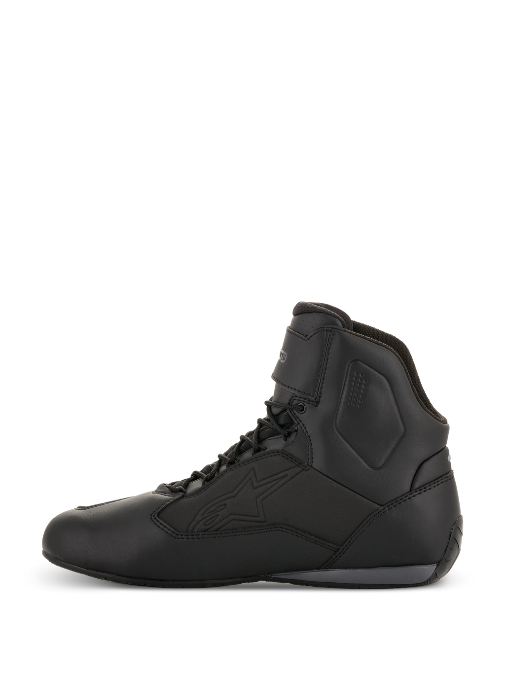 Alpinestars Faster-3 Drystar® mc-skor, motorcykelskor, svart cool grå, profilvy från sidan, high-top design med snörning, vattentät mikrofiberkonstruktion, teknisk utrustning för vägkörning