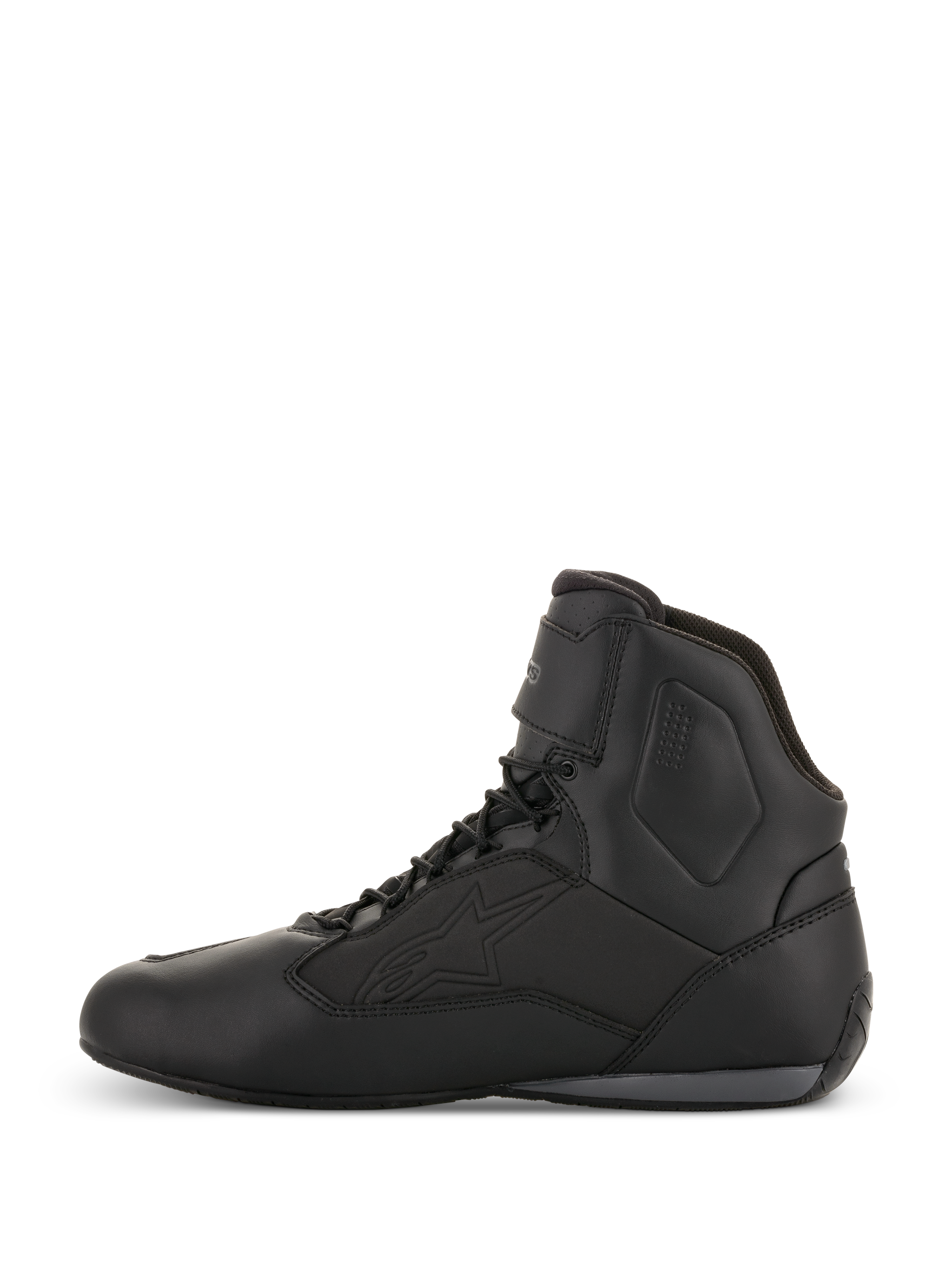 Alpinestars Faster-3 Drystar® mc-skor, motorcykelskor, svart cool grå, profilvy från sidan, high-top design med snörning, vattentät mikrofiberkonstruktion, teknisk utrustning för vägkörning