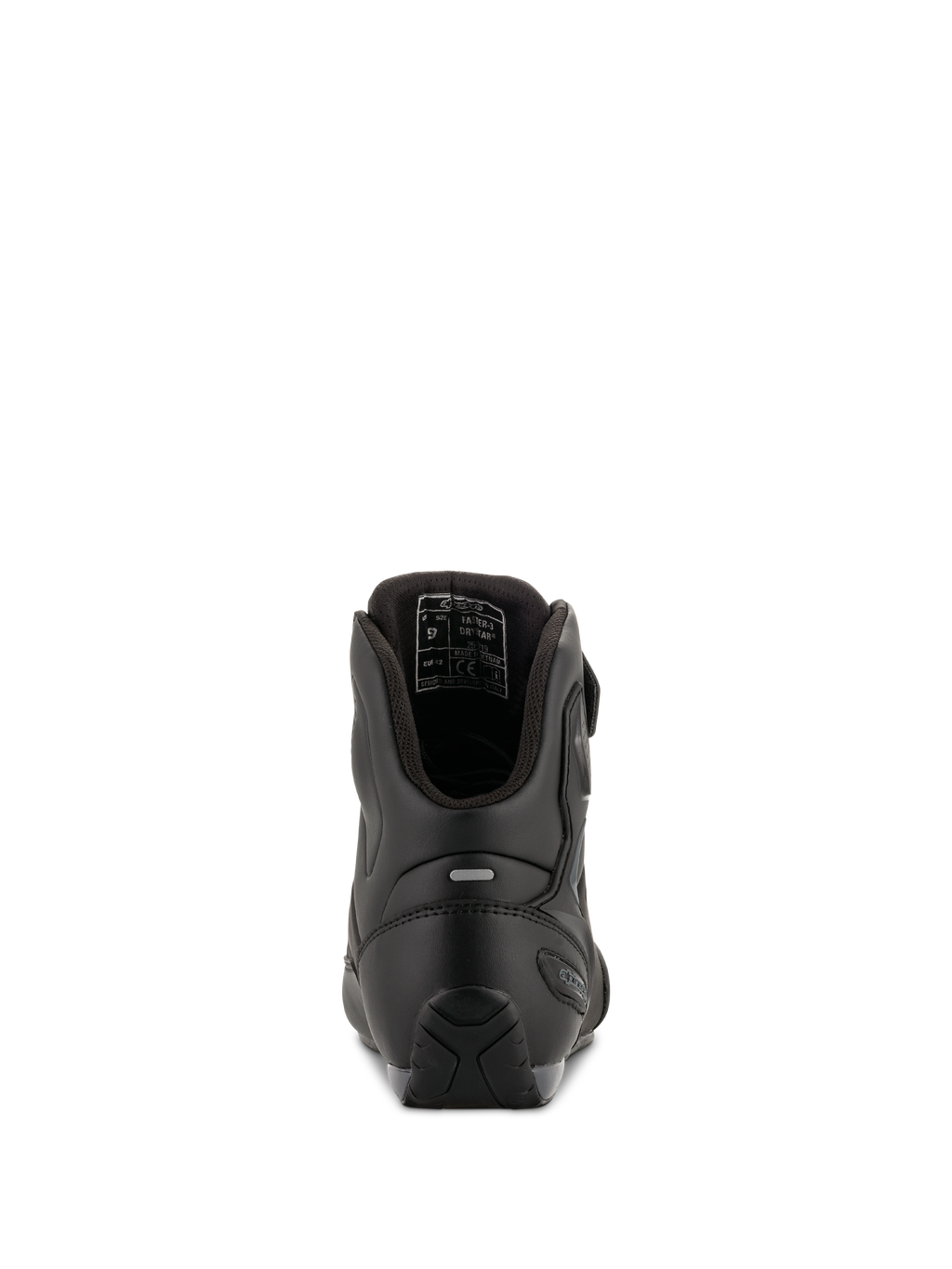 Alpinestars Faster-3 Drystar® MC-skor, Black Cool Gray, vy bakifrån som visar hälförstärkning, reflexdetalj och innerfoder, vattentät mikrofiberkonstruktion för vägkörning