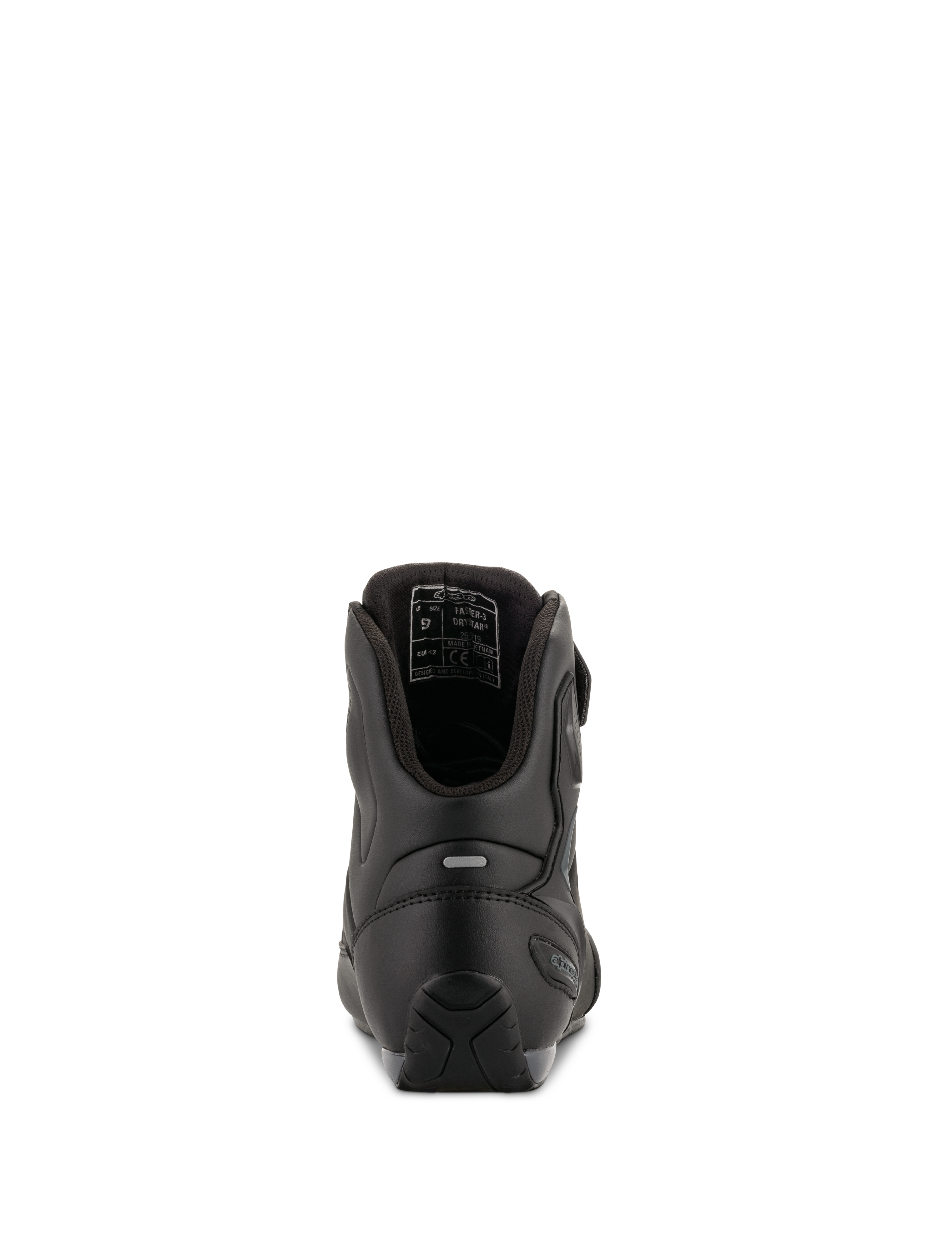 Alpinestars Faster-3 Drystar® MC-skor, Black Cool Gray, vy bakifrån som visar hälförstärkning, reflexdetalj och innerfoder, vattentät mikrofiberkonstruktion för vägkörning