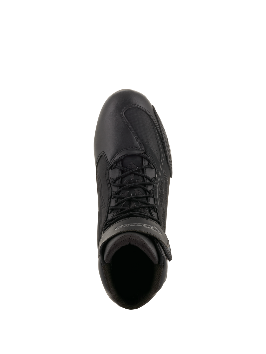Alpinestars Faster-3 Drystar® MC-skor, motorcykelskor, svarta och Cool Gray, vy uppifrån som visar mikrofiberchassi, svarta skosnören och vristrem med kardborre, teknisk sportinspirerad design för landsvägskörning i alla väder