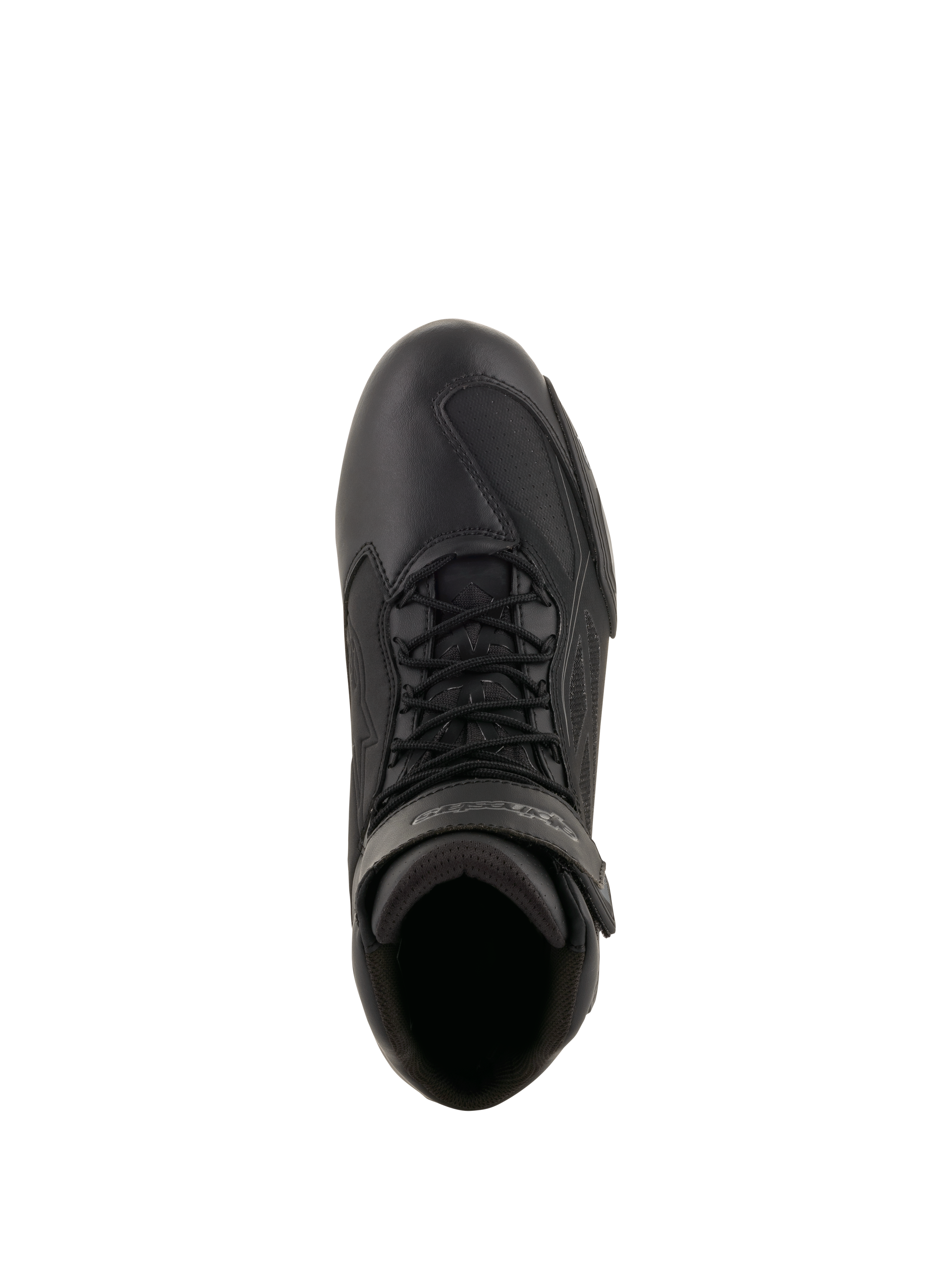 Alpinestars Faster-3 Drystar® MC-skor, motorcykelskor, svarta och Cool Gray, vy uppifrån som visar mikrofiberchassi, svarta skosnören och vristrem med kardborre, teknisk sportinspirerad design för landsvägskörning i alla väder
