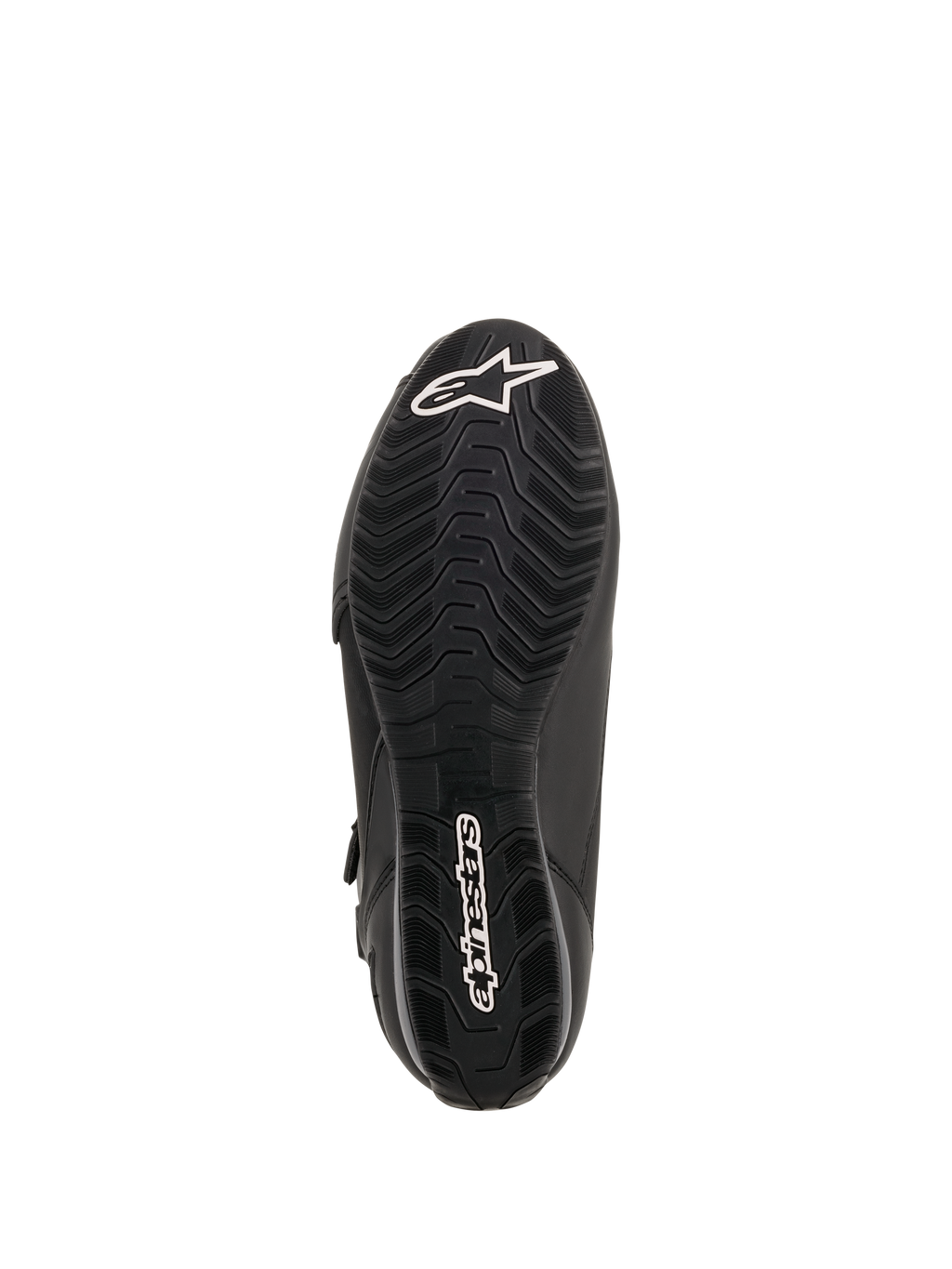 Alpinestars Faster-3 Drystar® mc-skor, vy av sulan, svart gummi med vågformat mönstrat grepp, vit Alpinestars-stjärnlogotyp på tån och ordmärke på hälen, tekniska motorcykelskor