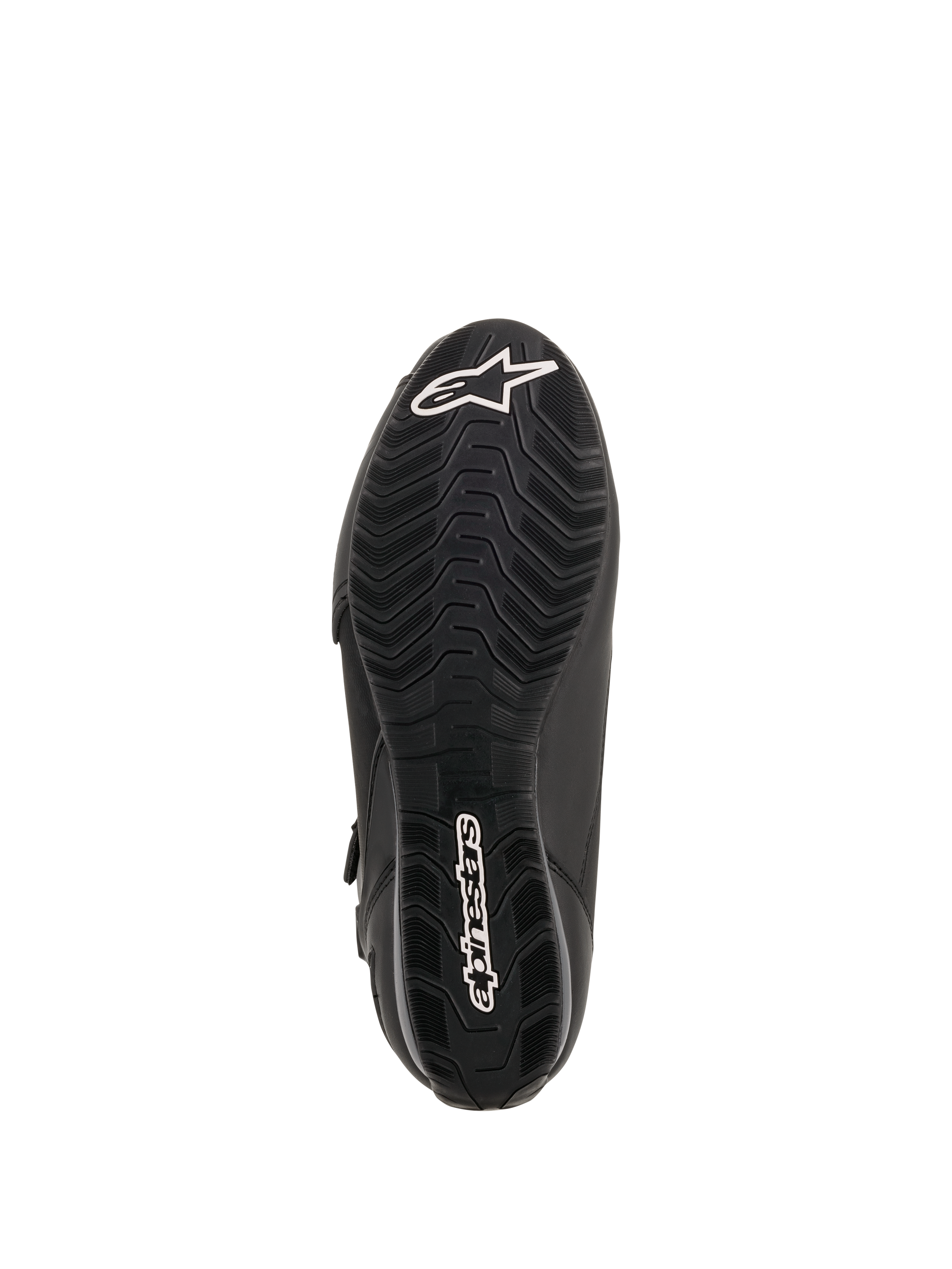 Alpinestars Faster-3 Drystar® mc-skor, vy av sulan, svart gummi med vågformat mönstrat grepp, vit Alpinestars-stjärnlogotyp på tån och ordmärke på hälen, tekniska motorcykelskor