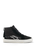 Alpinestars Ride-63 Canvas Shoes, svarta och vita höga motorcykelsneakers, urban och avslappnad motorcykelsko, ovandel i canvas och mocka, sidoprofil med vit Astars-logotyp, platt vit gummisula