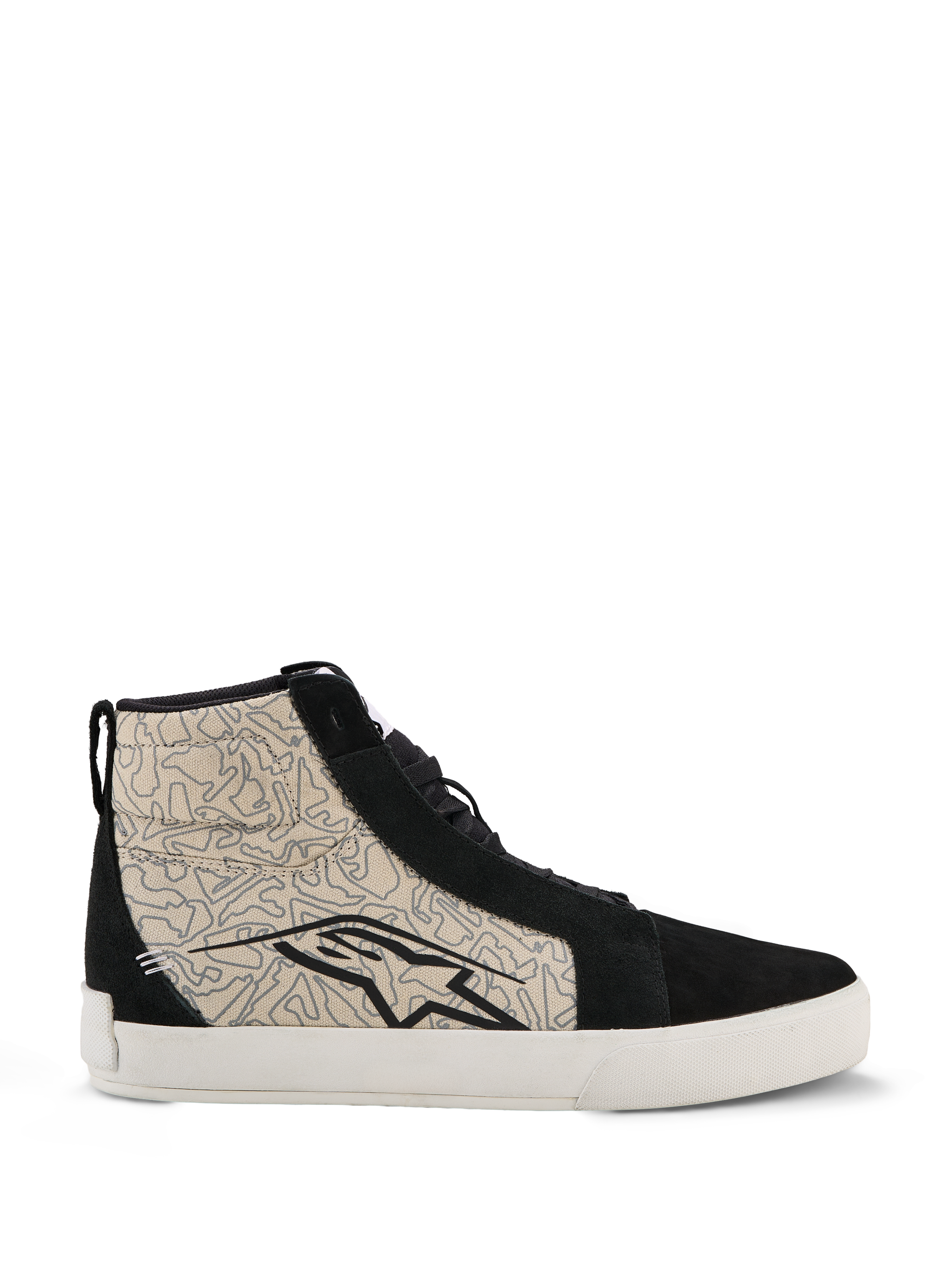 Alpinestars Ride-63 Canvas-skor, urbana motorcykelskor, svarta och Cool Gray med vit sula, hög skate-inspirerad design med mönstrade sidopaneler i textil och svarta mockadetaljer, stor svart Alpinestars-logotyp, vulkaniserad gummisula