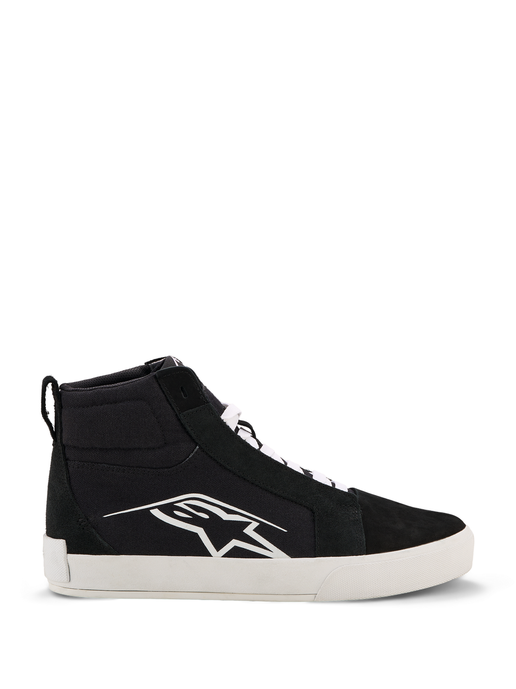 Alpinestars Ride-63 Canvas Shoes, urban motorcykelsko, svart och vit, stor vit Astars-logotyp på sidan, tjock vit platt sula, vita skosnören, avslappnad high-top sneaker-design