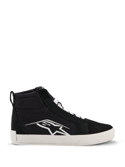 Alpinestars Ride-63 Canvas Shoes, Urban Motorcycle Riding Shoes, Black and White, Large white Astars logo on the side, thick white flat sole, white laces, casual high-top sneaker design