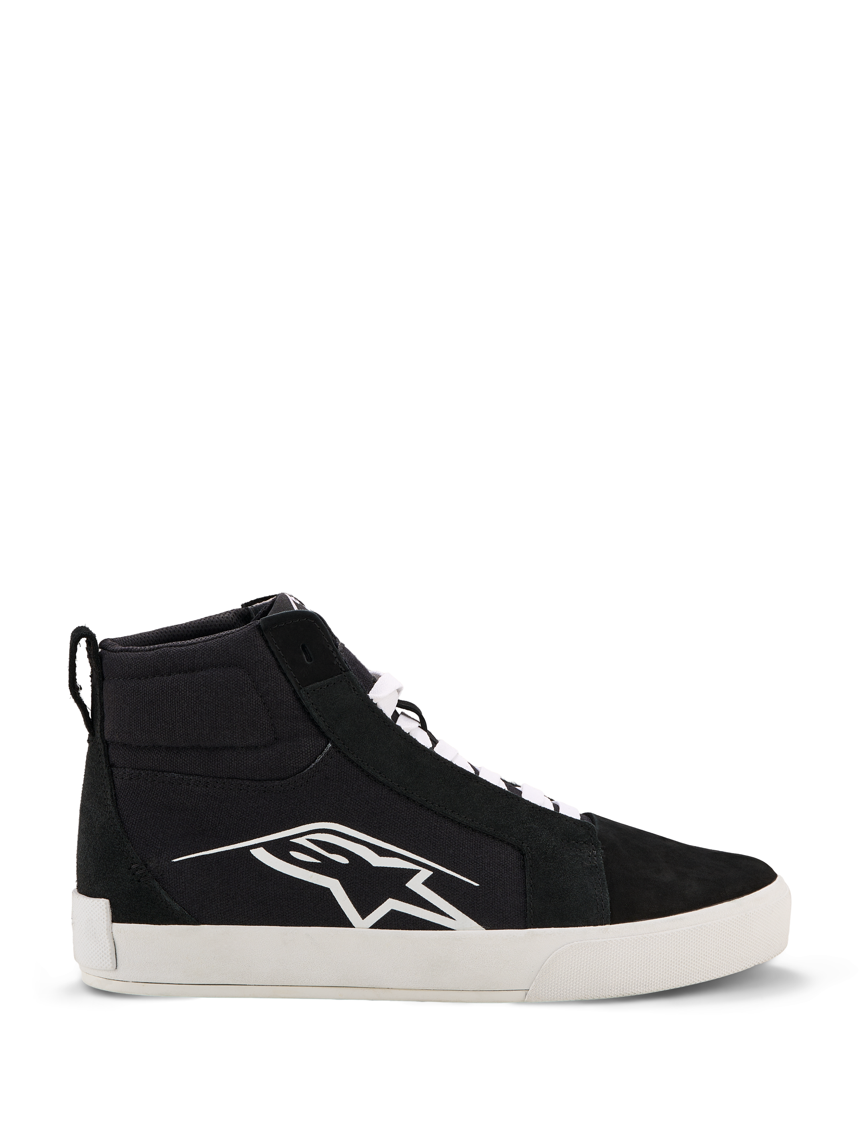 Alpinestars Ride-63 Canvas Shoes, urban motorcykelsko, svart och vit, stor vit Astars-logotyp på sidan, tjock vit platt sula, vita skosnören, avslappnad high-top sneaker-design